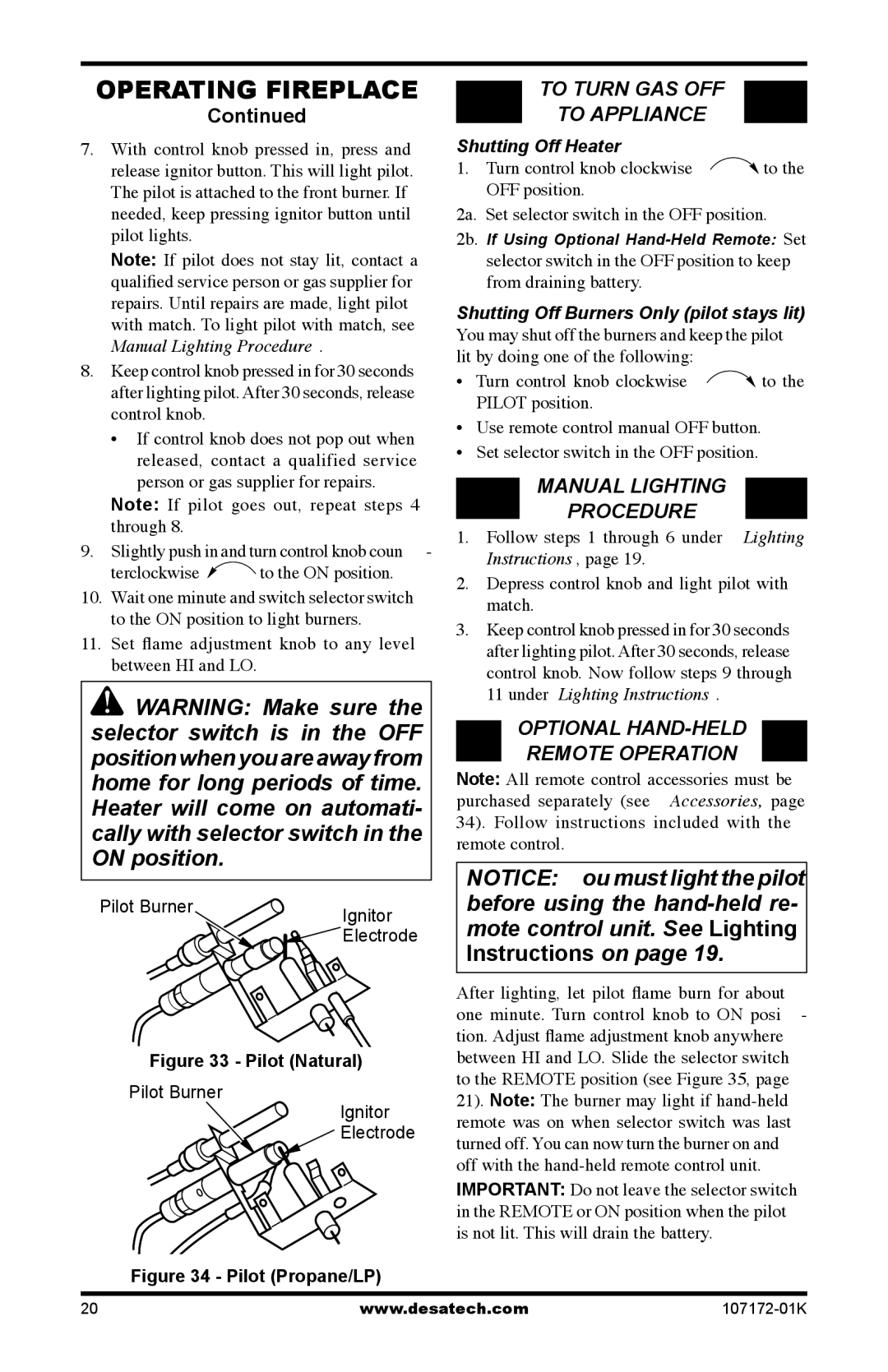 Desa EFS33NRA, VSGF33NRA To Turn GAS OFF To Appliance, Manual Lighting Procedure, Optional HAND-HELD Remote Operation 