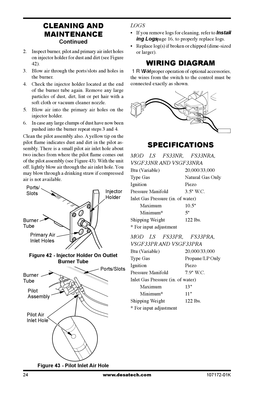 Desa EFS33NRA, VSGF33NRA installation manual Wiring Diagram, Specifications 