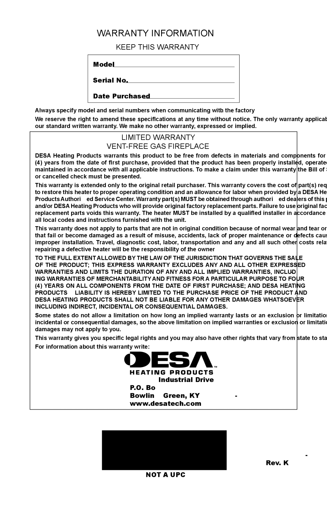 Desa EFS33NRA, VSGF33NRA Warranty Information, Keep this Warranty, Limited Warranty VENT-FREE GAS Fireplace 