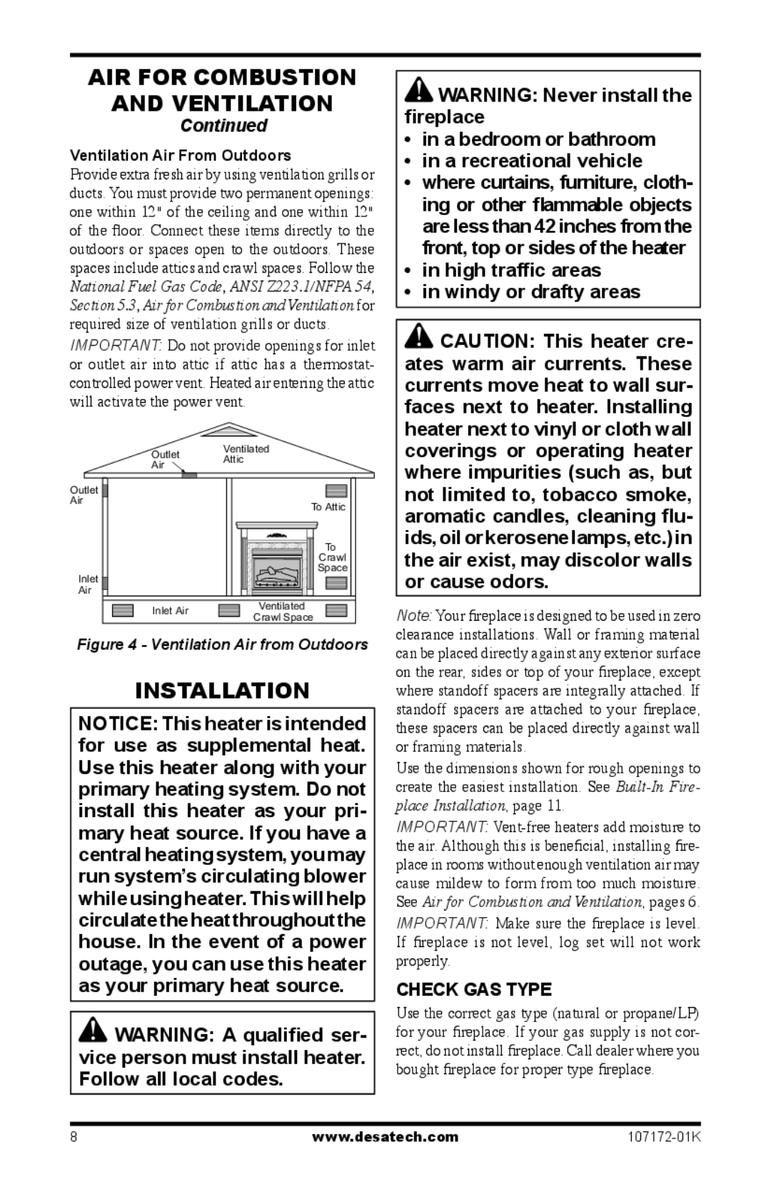 Desa EFS33NRA, VSGF33NRA installation manual Installation, Check GAS Type, Ventilation Air From Outdoors 