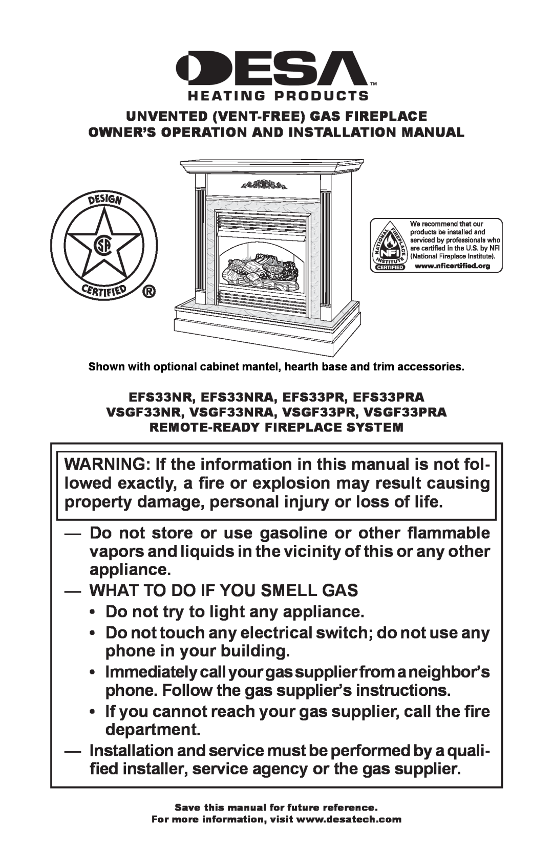 Desa VSGF33NRA, EFS33NRA installation manual What To Do If You Smell Gas 