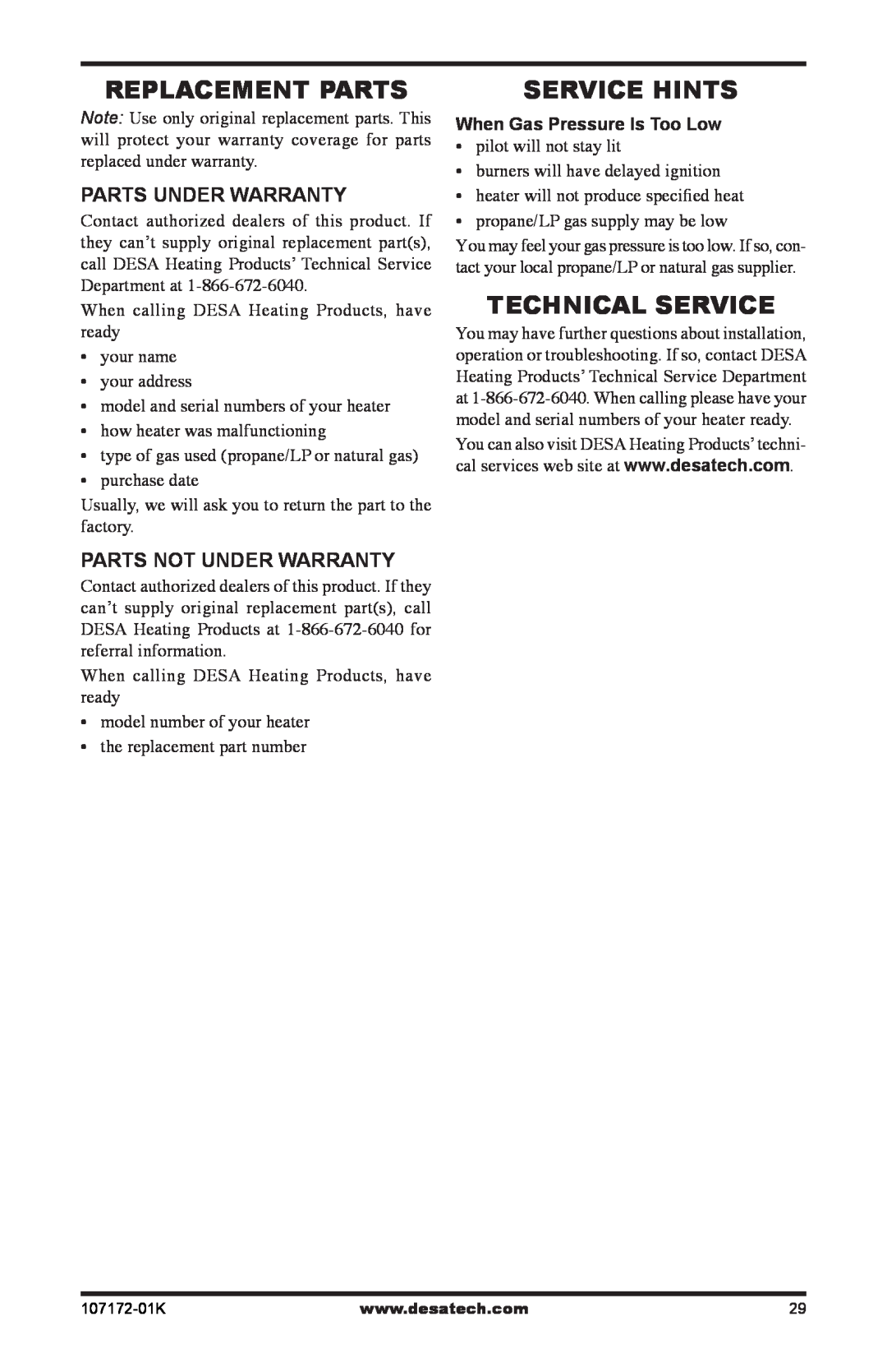 Desa VSGF33NRA Replacement Parts, Service Hints, Technical Service, Parts Under Warranty, Parts Not Under Warranty 