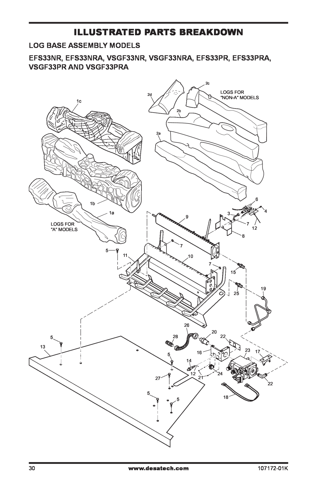 Desa EFS33NRA, VSGF33NRA installation manual Illustrated Parts Breakdown, Log Base Assembly Models, 107172-01K 