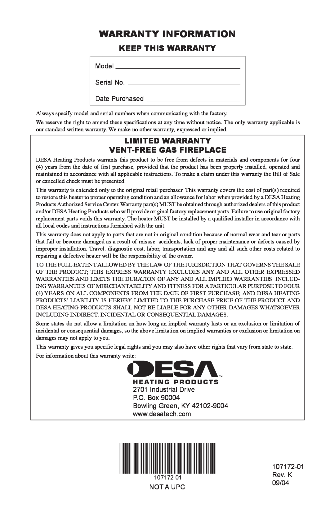 Desa EFS33NRA, VSGF33NRA Warranty Information, Keep This Warranty, Limited Warranty Vent-Freegas Fireplace, 107172-01 