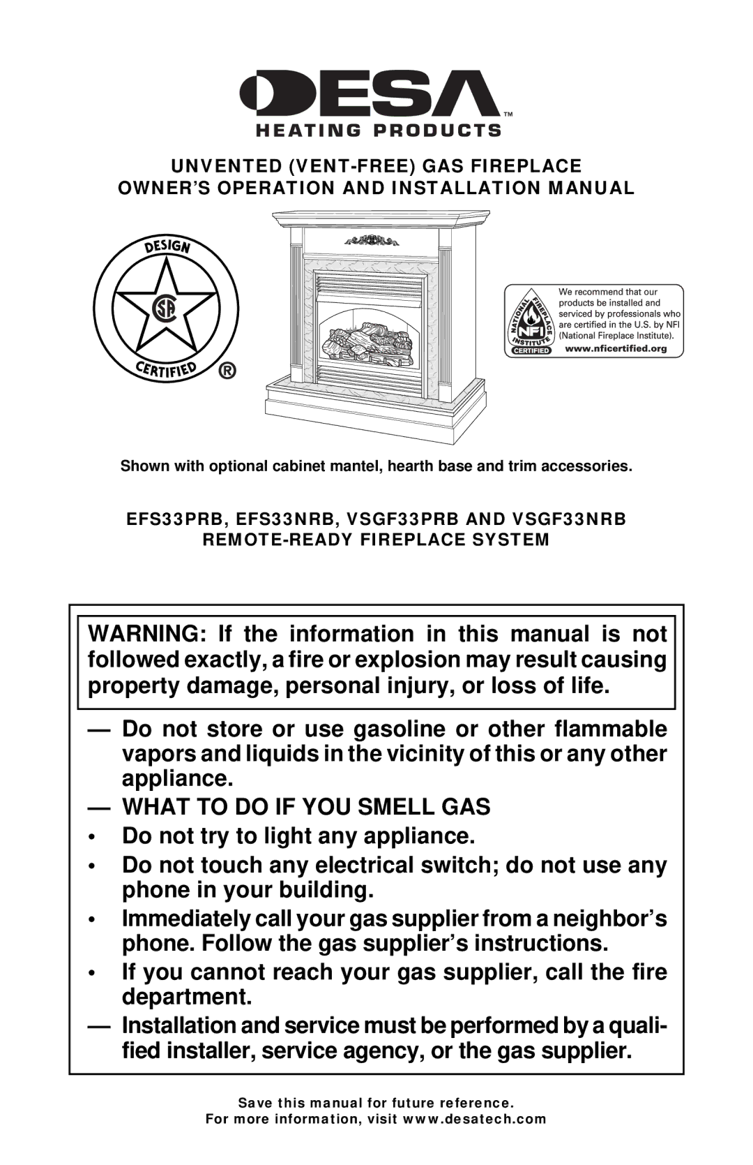 Desa EFS33PRB, EFS33NRB, VSGF33PRB, VSGF33NRB installation manual What to do if YOU Smell GAS 