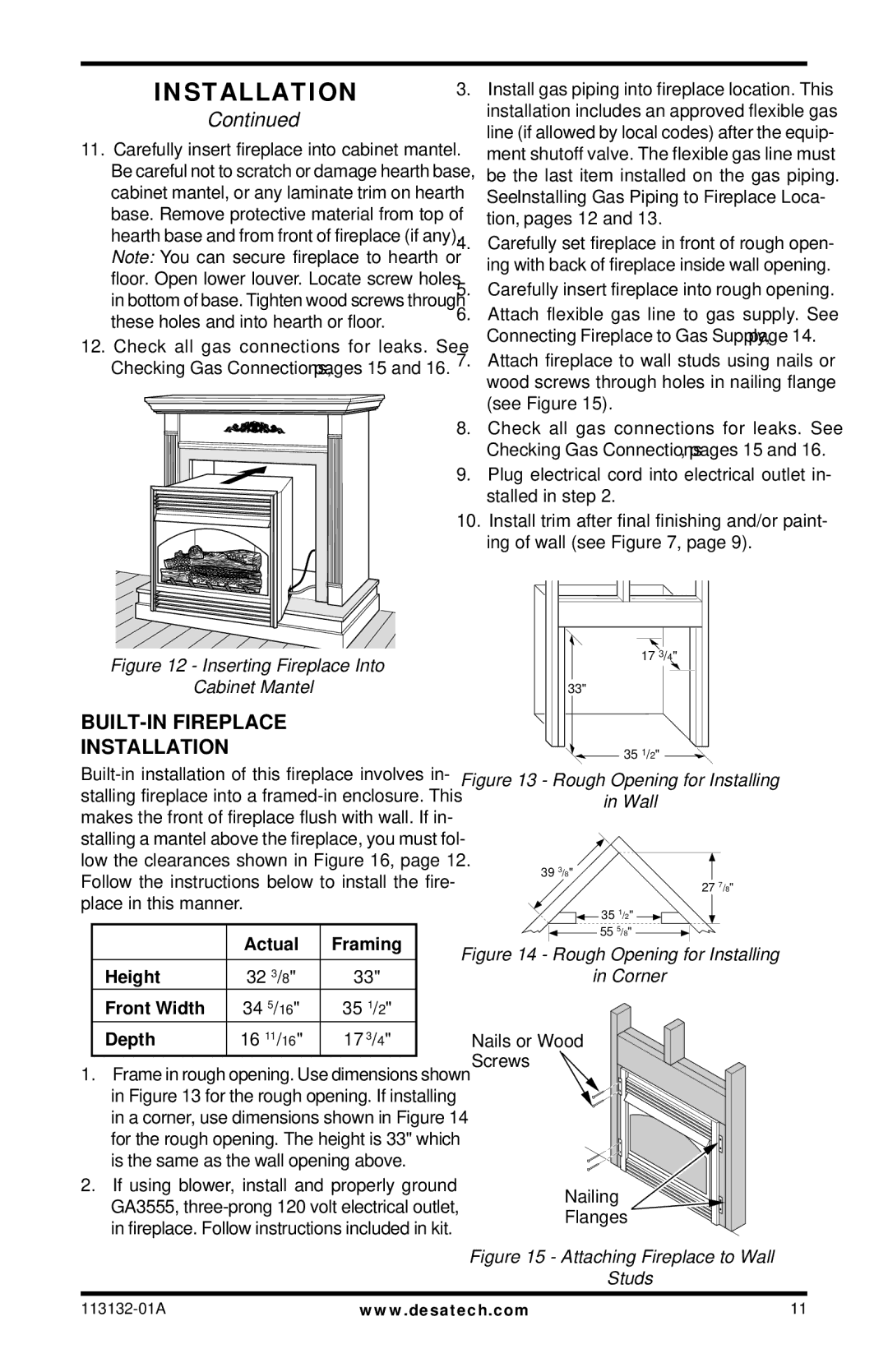 Desa VSGF33NRB, EFS33NRB, EFS33PRB, VSGF33PRB BUILT-IN Fireplace Installation, Actual Framing Height, Front Width, Depth 