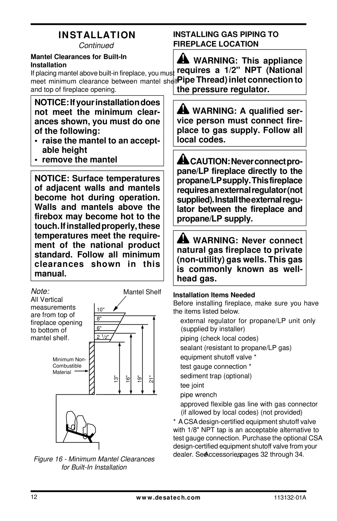 Desa EFS33NRB, EFS33PRB, VSGF33PRB Installing GAS Piping to Fireplace Location, Mantel Clearances for Built-In Installation 