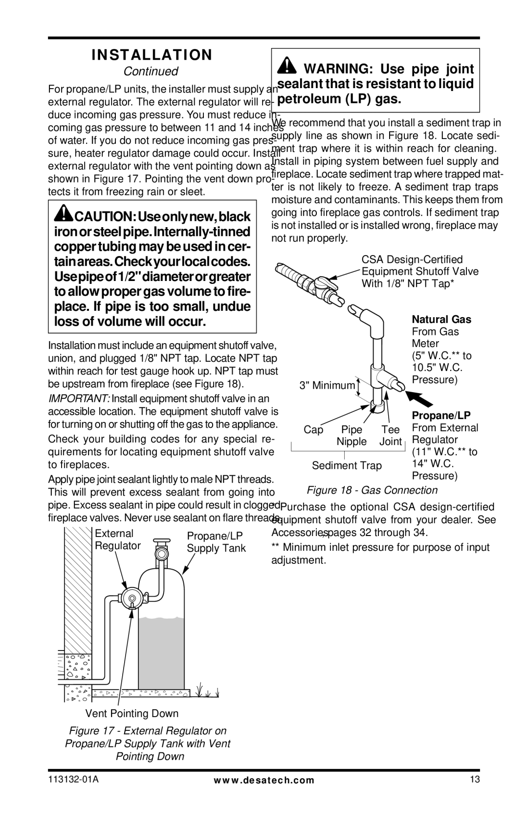 Desa EFS33PRB, EFS33NRB, VSGF33PRB, VSGF33NRB installation manual Propane/LP, Gas Connection 