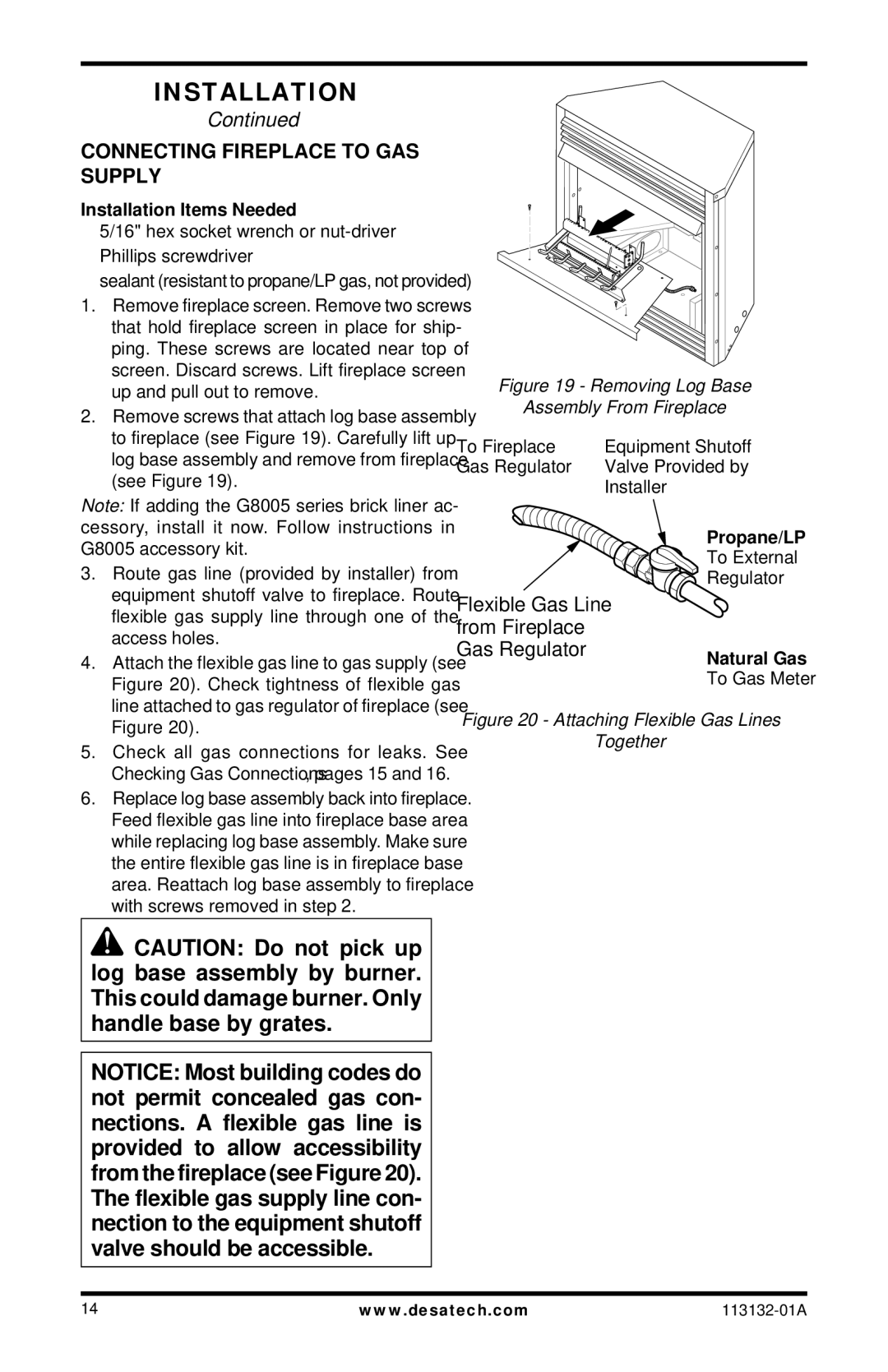 Desa VSGF33PRB, EFS33NRB, EFS33PRB Connecting Fireplace to GAS Supply, Hex socket wrench or nut-driver Phillips screwdriver 