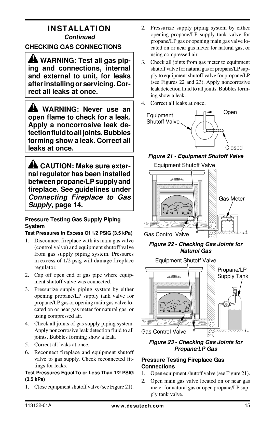 Desa VSGF33NRB, EFS33NRB, EFS33PRB, VSGF33PRB Checking GAS Connections, Pressure Testing Gas Supply Piping System 