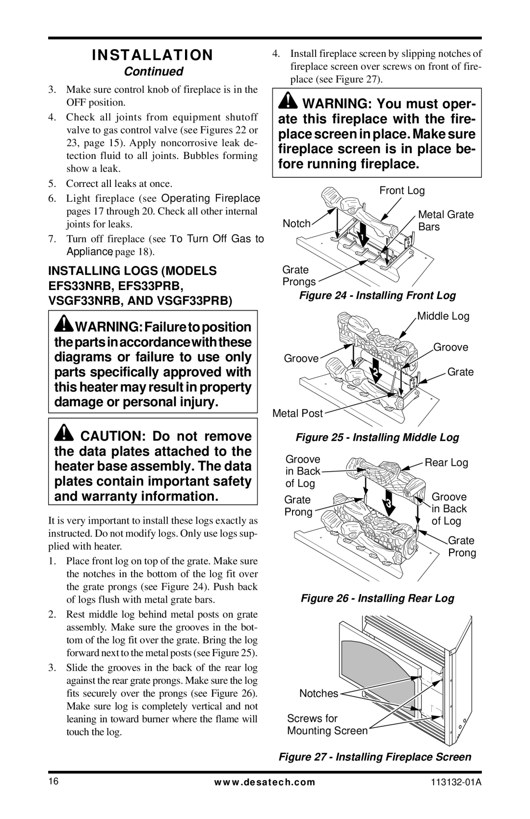 Desa EFS33NRB, EFS33PRB, VSGF33PRB, VSGF33NRB installation manual Damage or personal injury 