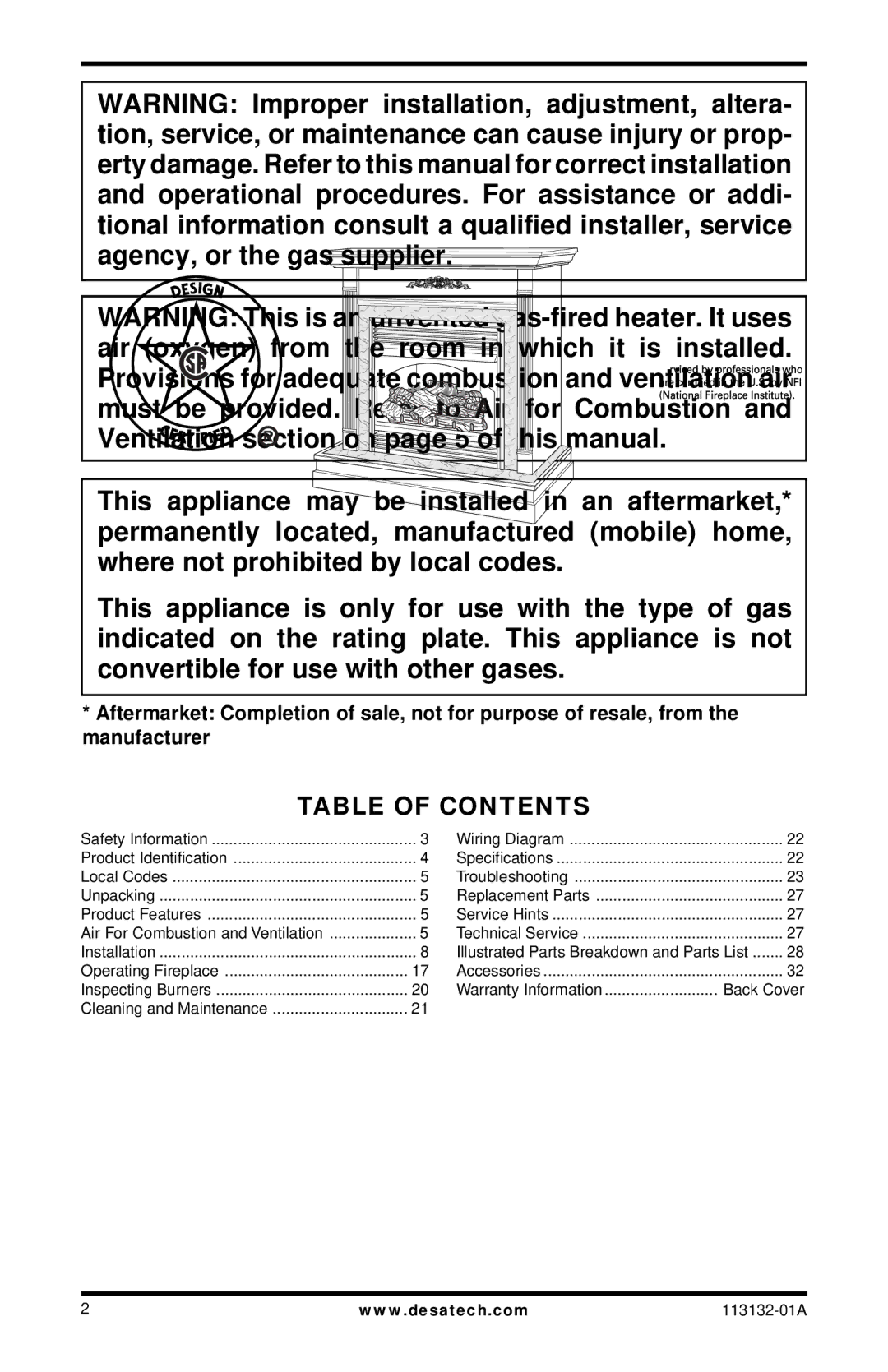 Desa VSGF33PRB, EFS33NRB, EFS33PRB, VSGF33NRB installation manual Table of Contents 