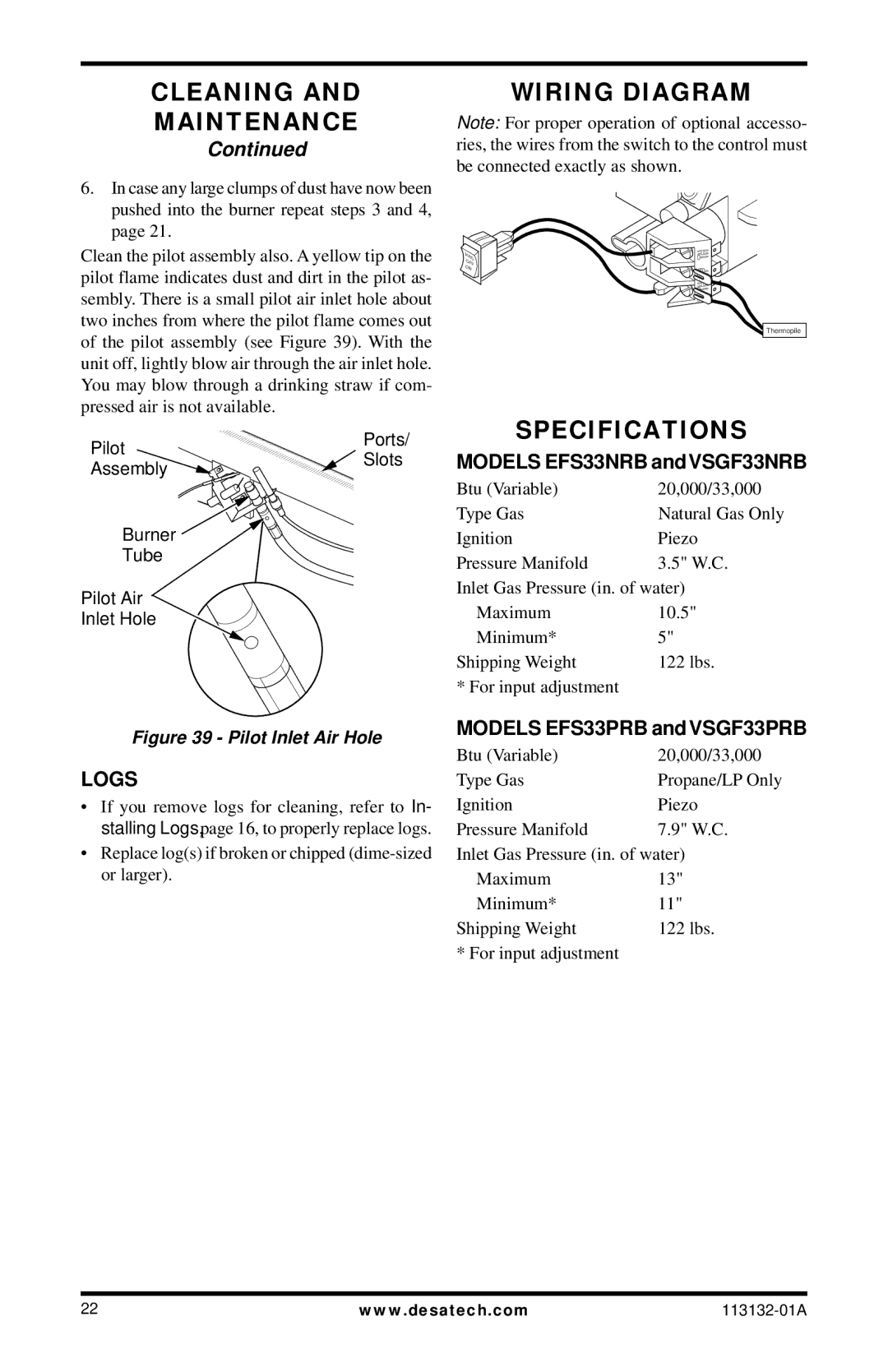 Desa VSGF33PRB, EFS33NRB, EFS33PRB, VSGF33NRB installation manual Wiring Diagram, Specifications, Logs 