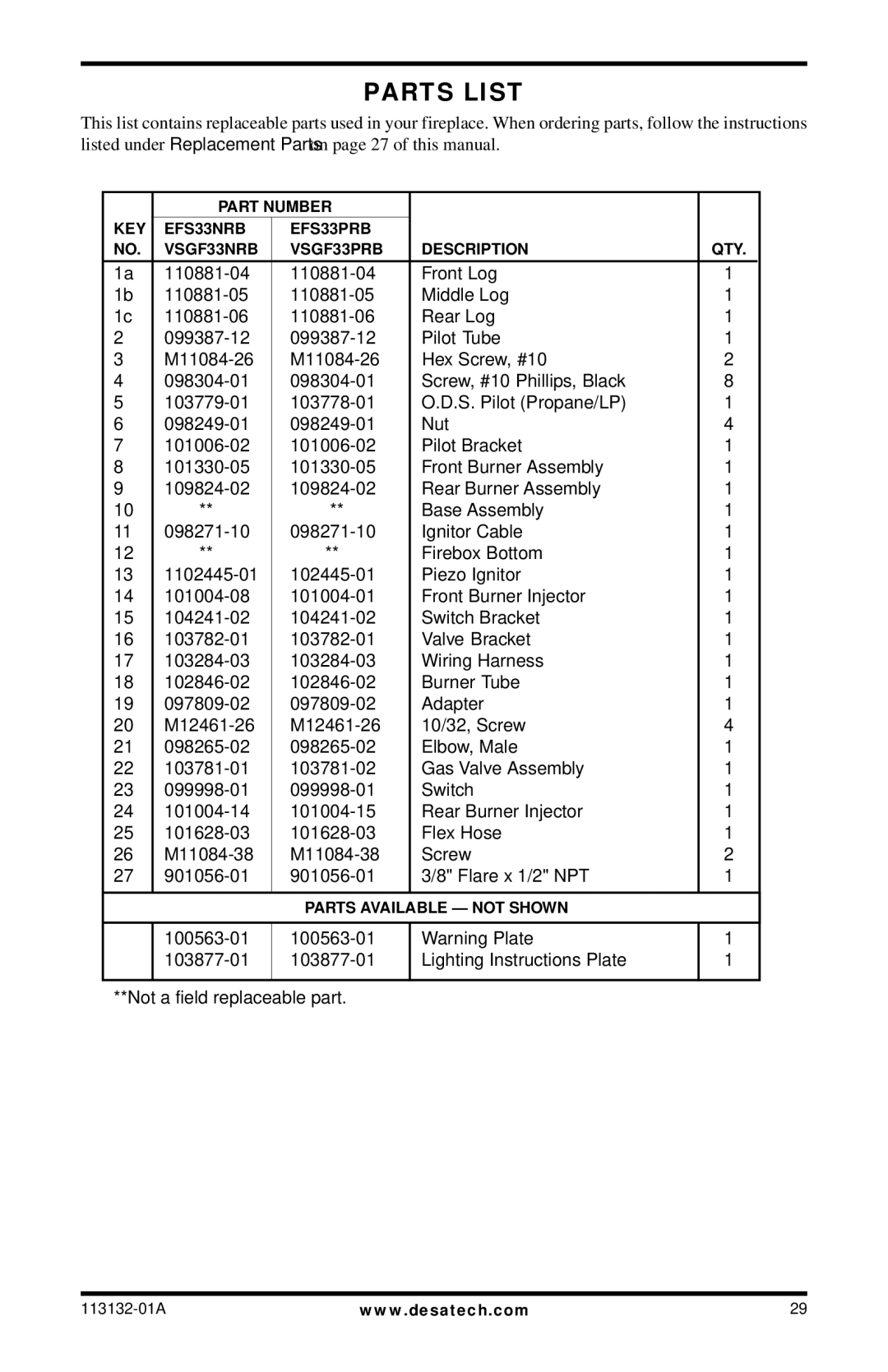 Desa EFS33PRB, EFS33NRB, VSGF33PRB, VSGF33NRB installation manual Parts List 