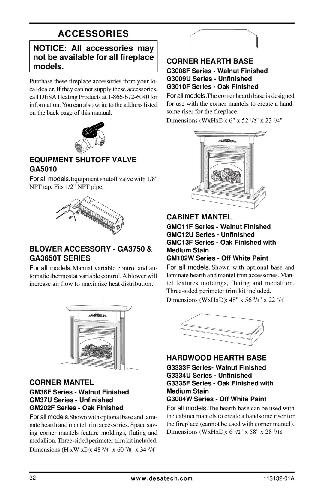 Desa EFS33NRB, EFS33PRB, VSGF33PRB, VSGF33NRB installation manual Accessories 