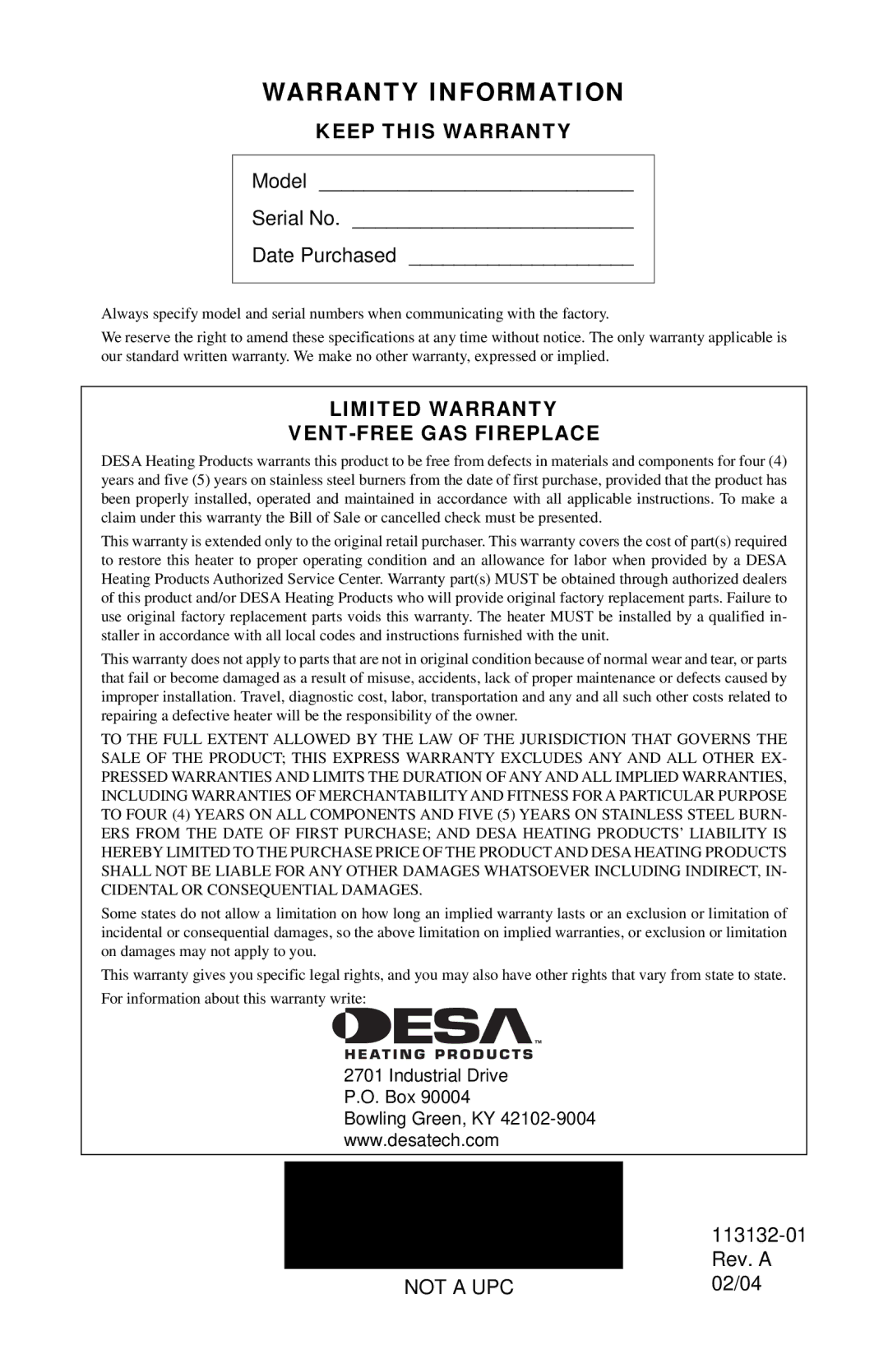 Desa EFS33NRB, EFS33PRB, VSGF33PRB Warranty Information, Keep this Warranty, Limited Warranty VENT-FREE GAS Fireplace 