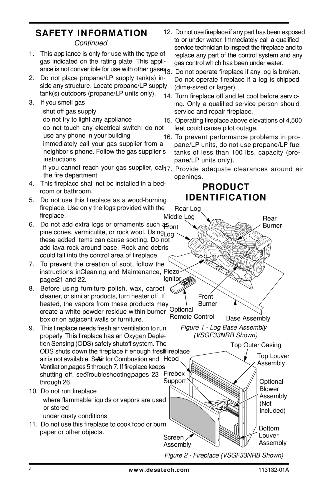 Desa EFS33NRB, EFS33PRB, VSGF33PRB installation manual Product Identification, Log Base Assembly VSGF33NRB Shown 