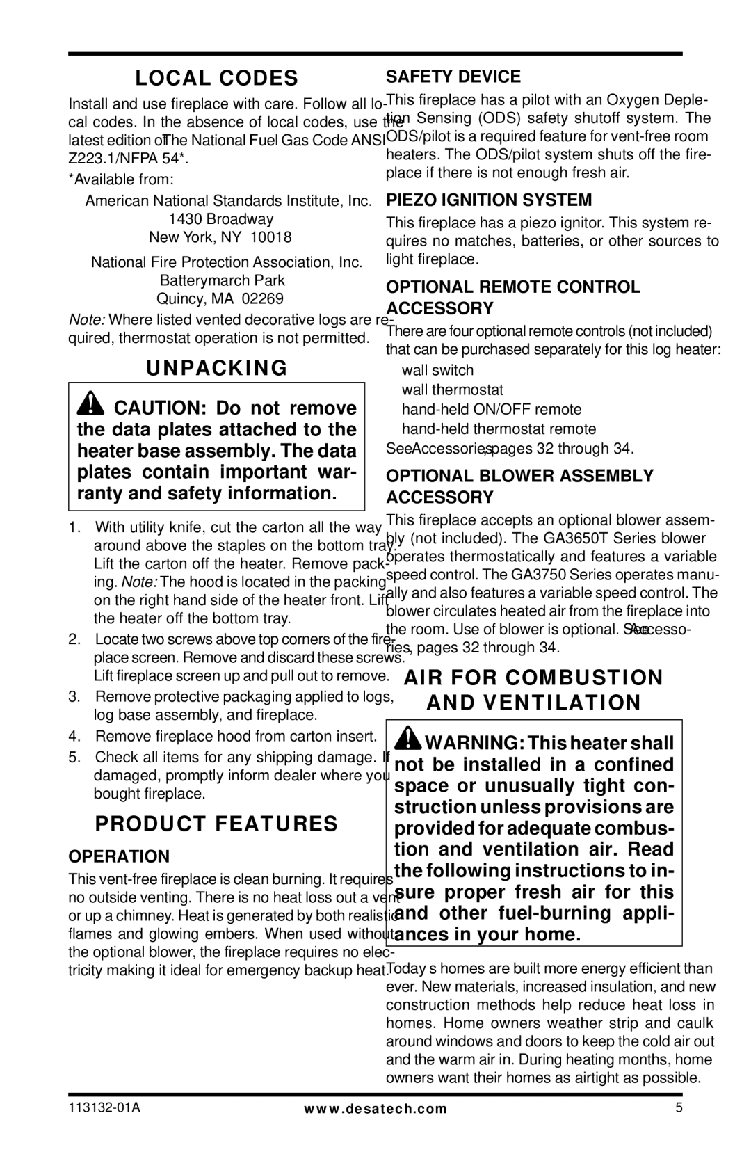 Desa EFS33PRB, EFS33NRB, VSGF33PRB, VSGF33NRB Local Codes, Unpacking, Product Features, AIR for Combustion Ventilation 