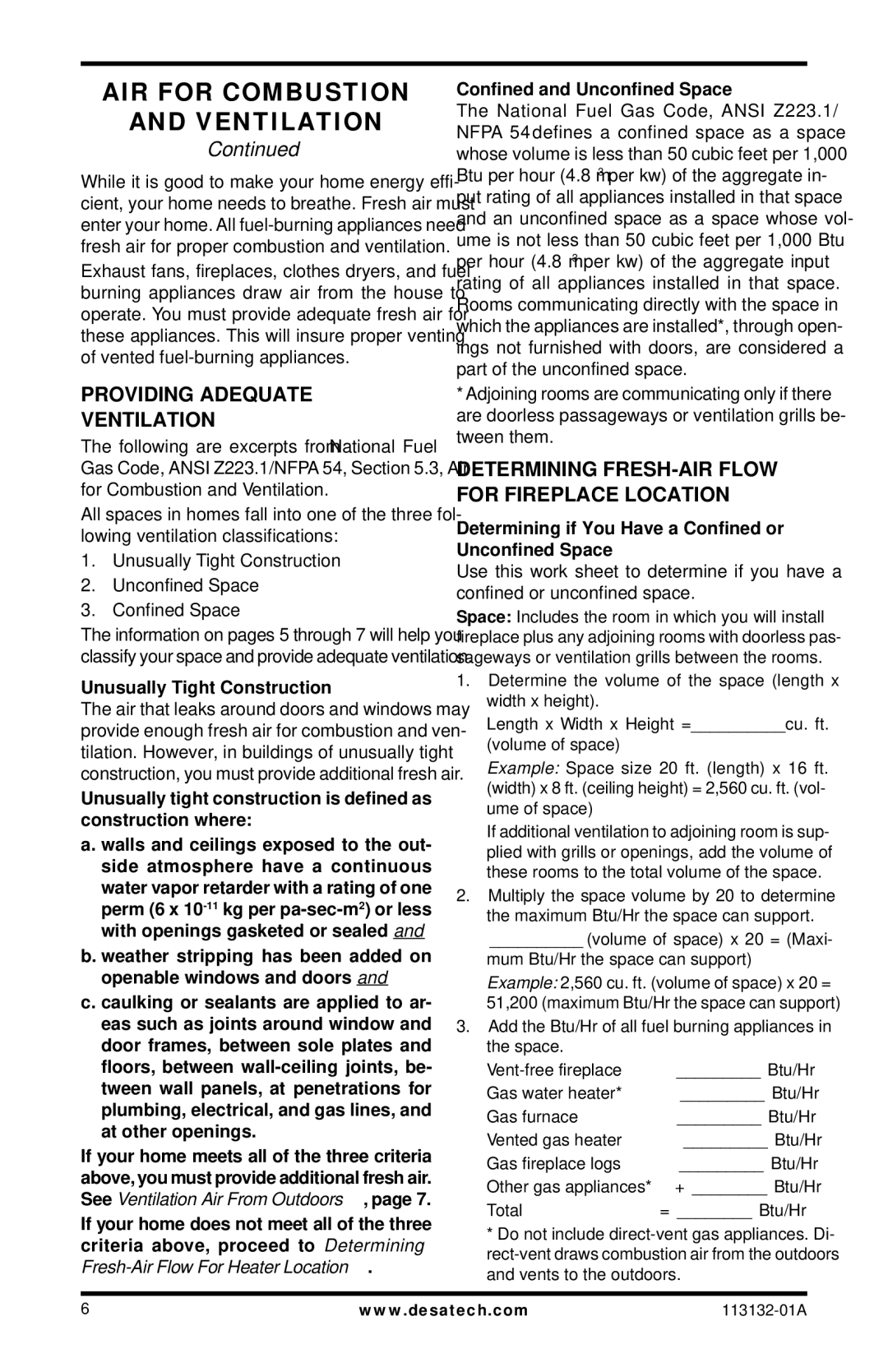 Desa VSGF33PRB, EFS33NRB, EFS33PRB Providing Adequate Ventilation, Determining FRESH-AIR Flow for Fireplace Location 