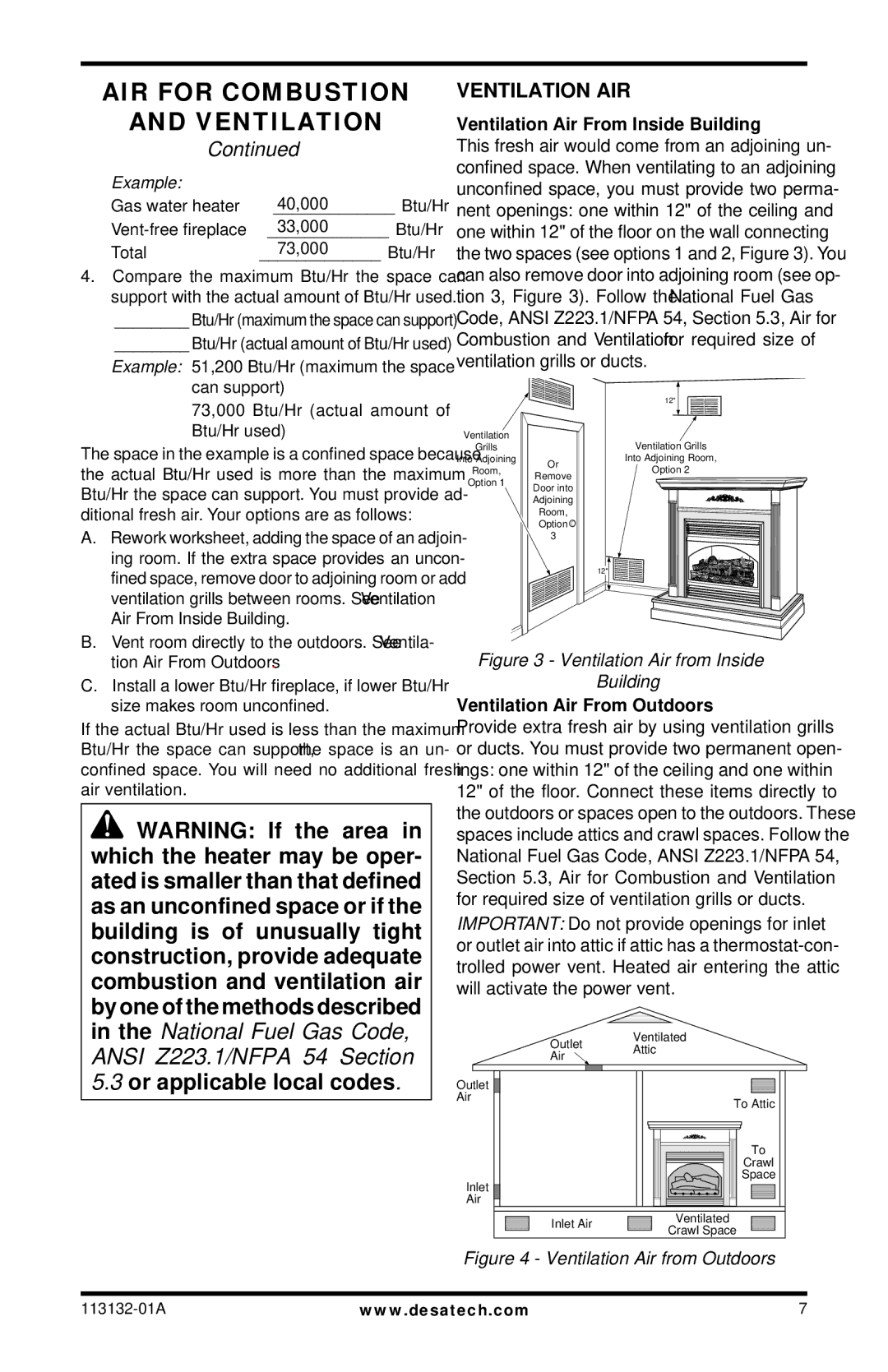 Desa VSGF33NRB, EFS33NRB, EFS33PRB Ventilation AIR, Ventilation Air From Inside Building, Ventilation Air From Outdoors 