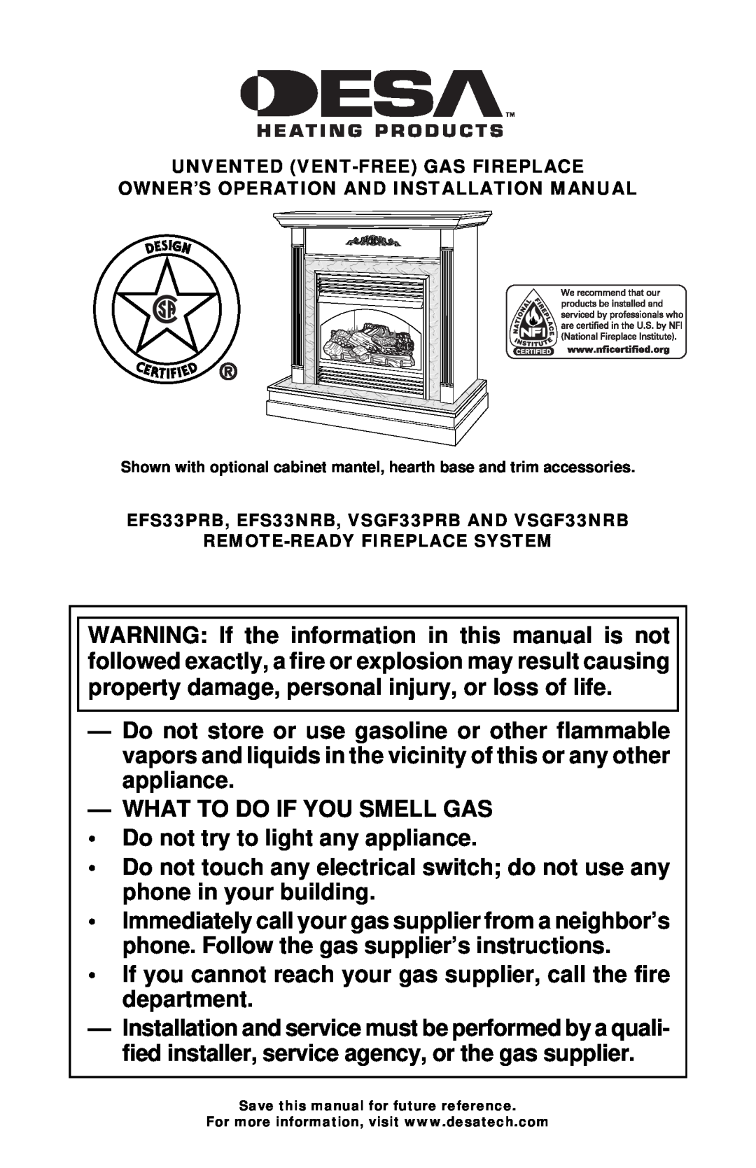 Desa EFS33PRB, EFS33NRB, VSGF33PRB, VSGF33NRB installation manual What To Do If You Smell Gas 