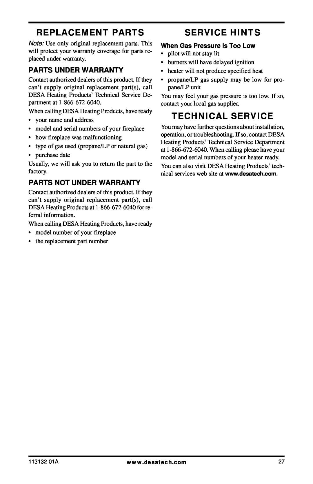 Desa VSGF33NRB Replacement Parts, Service Hints, Technical Service, Parts Under Warranty, Parts Not Under Warranty 