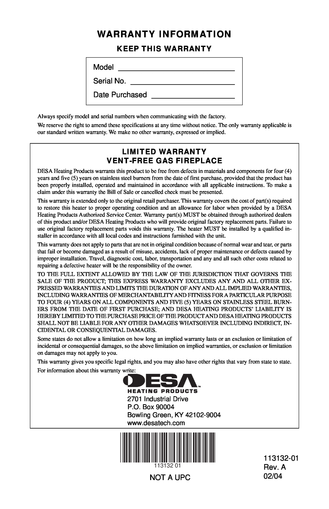 Desa EFS33NRB Keep This Warranty, Model, Serial No, Date Purchased, Limited Warranty Vent-Freegas Fireplace, 113132-01 