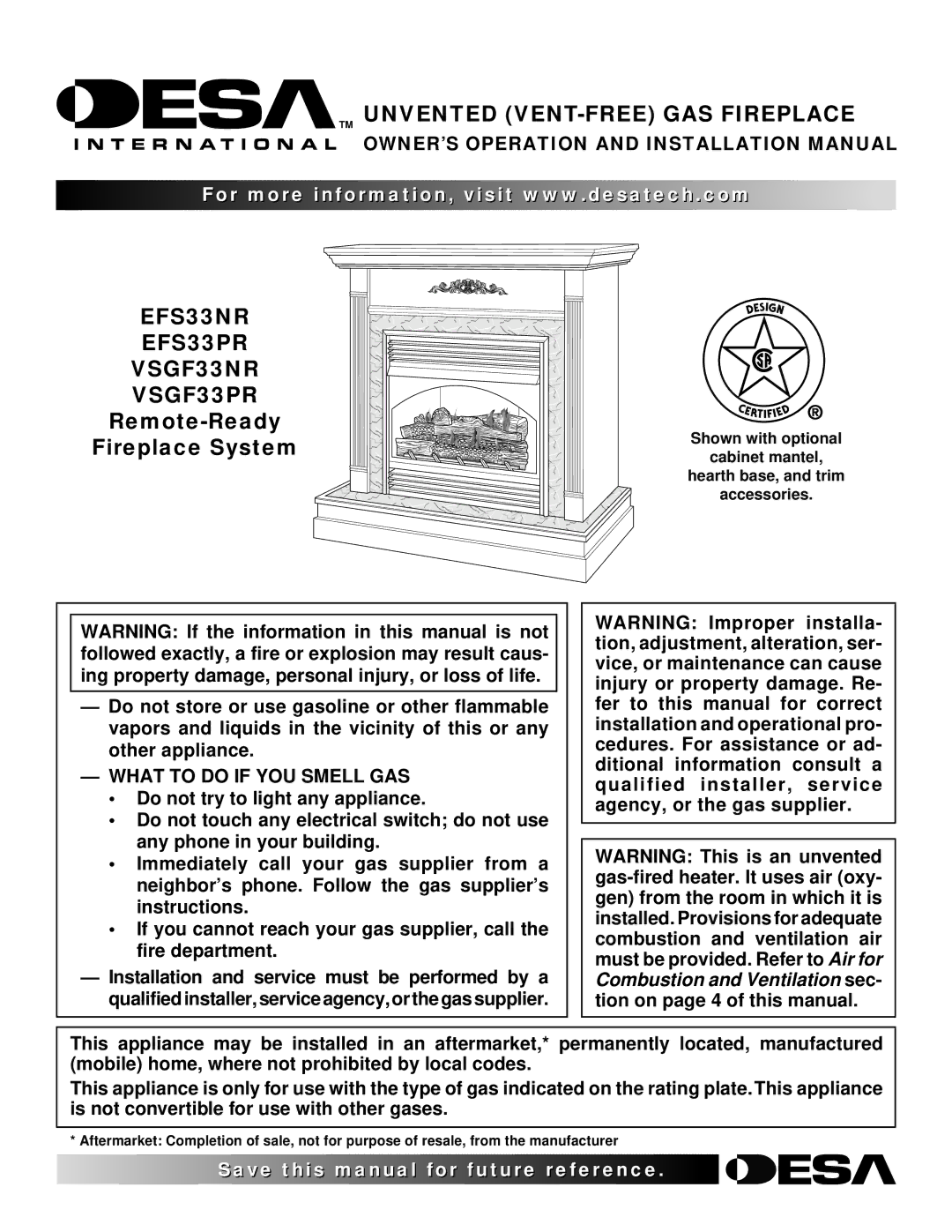 Desa EFS33PR installation manual OWNER’S Operation and Installation Manual, What to do if YOU Smell GAS 