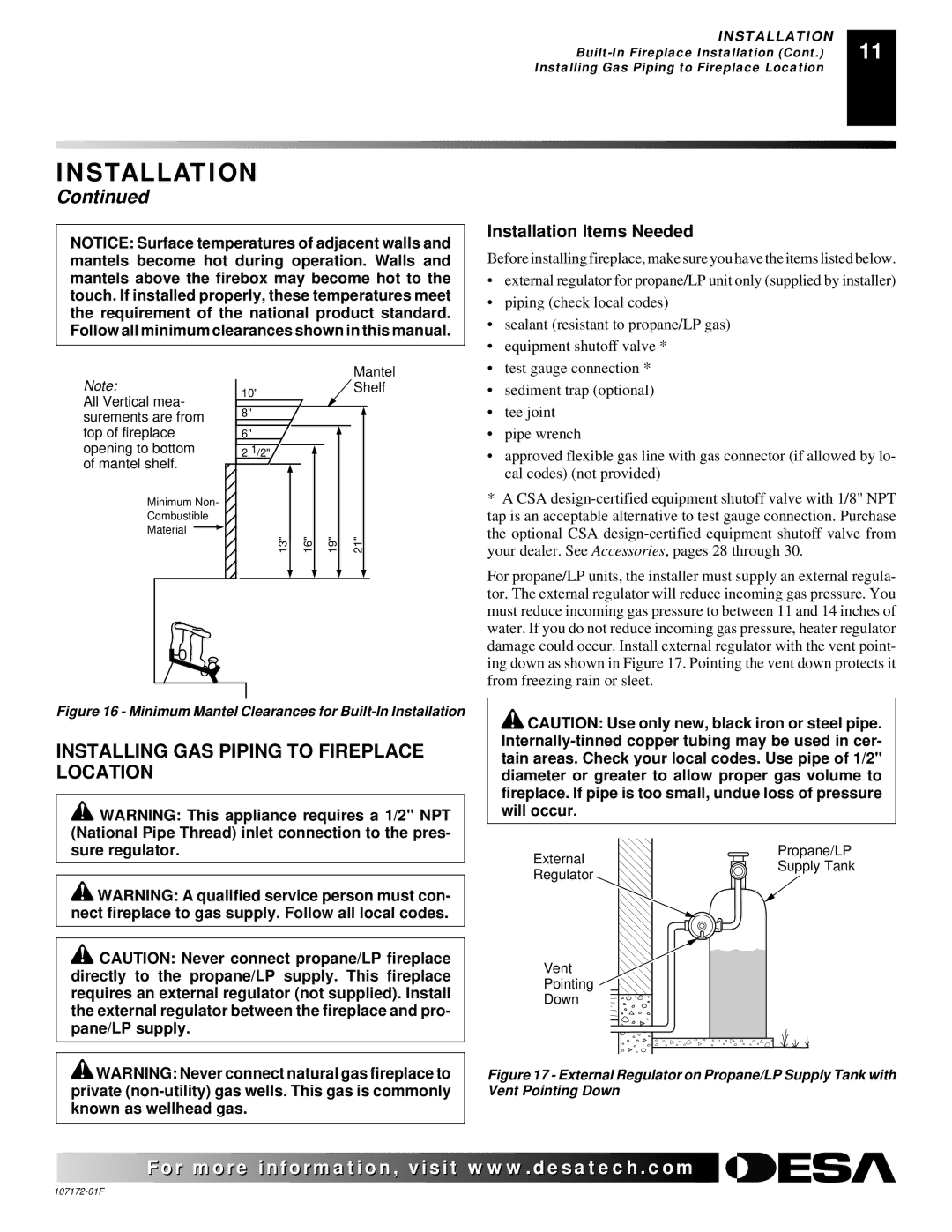 Desa EFS33PR installation manual Installing GAS Piping to Fireplace Location, Installation Items Needed 