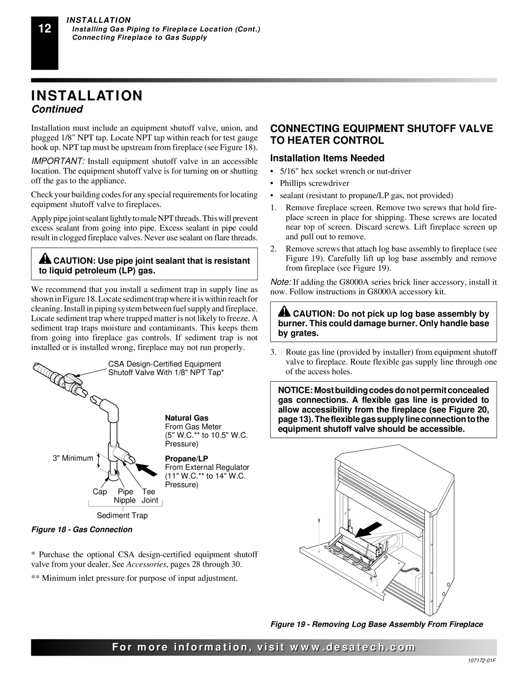 Desa EFS33PR installation manual Connecting Equipment Shutoff Valve to Heater Control, Gas Connection 