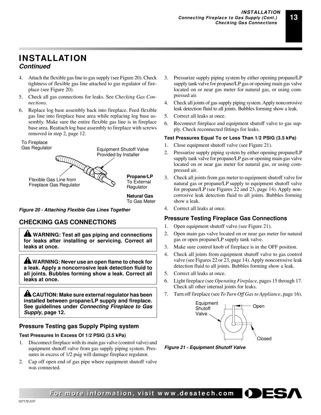 Desa EFS33PR installation manual Checking GAS Connections, Pressure Testing gas Supply Piping system 