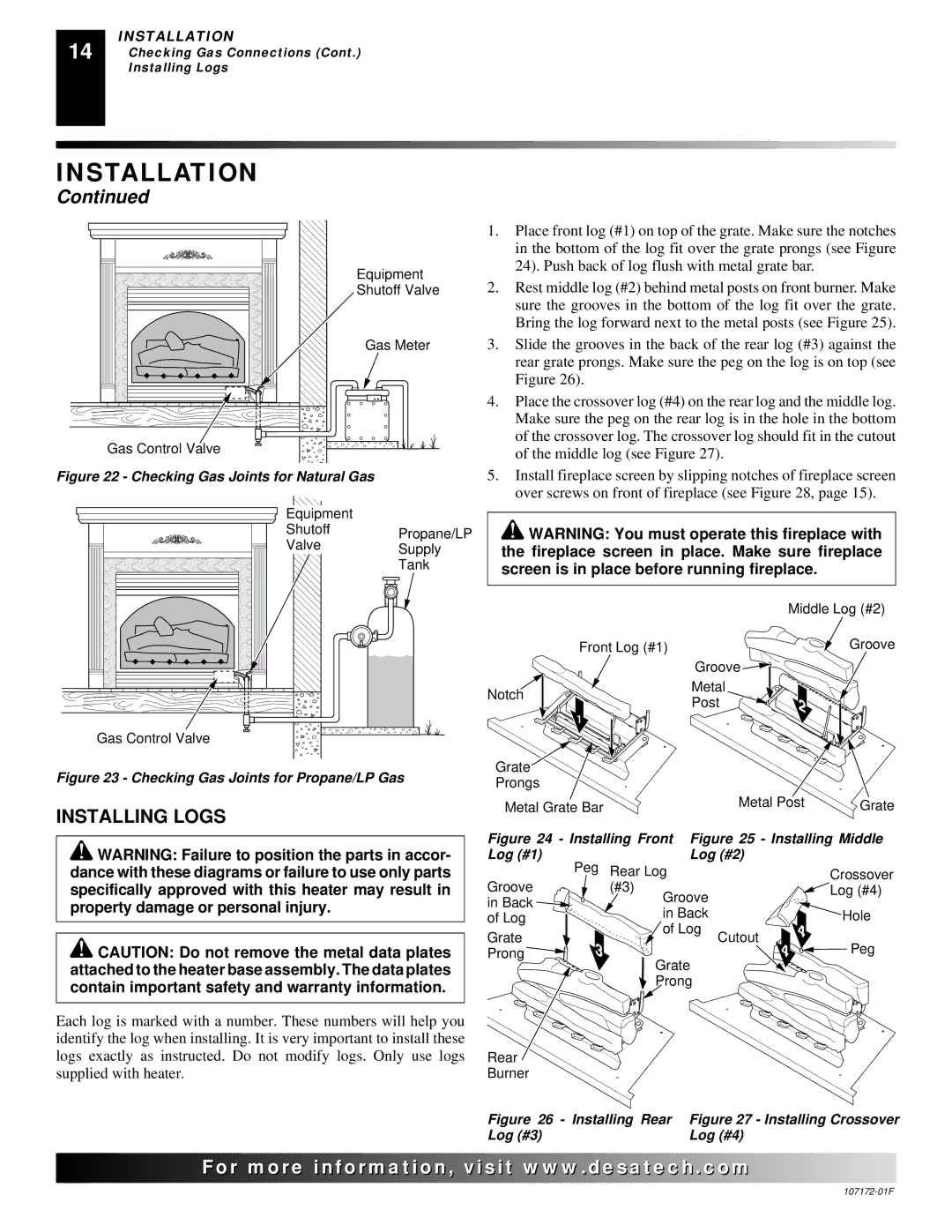 Desa EFS33PR installation manual Installing Logs, Slide the grooves in the back of the rear log #3 against 