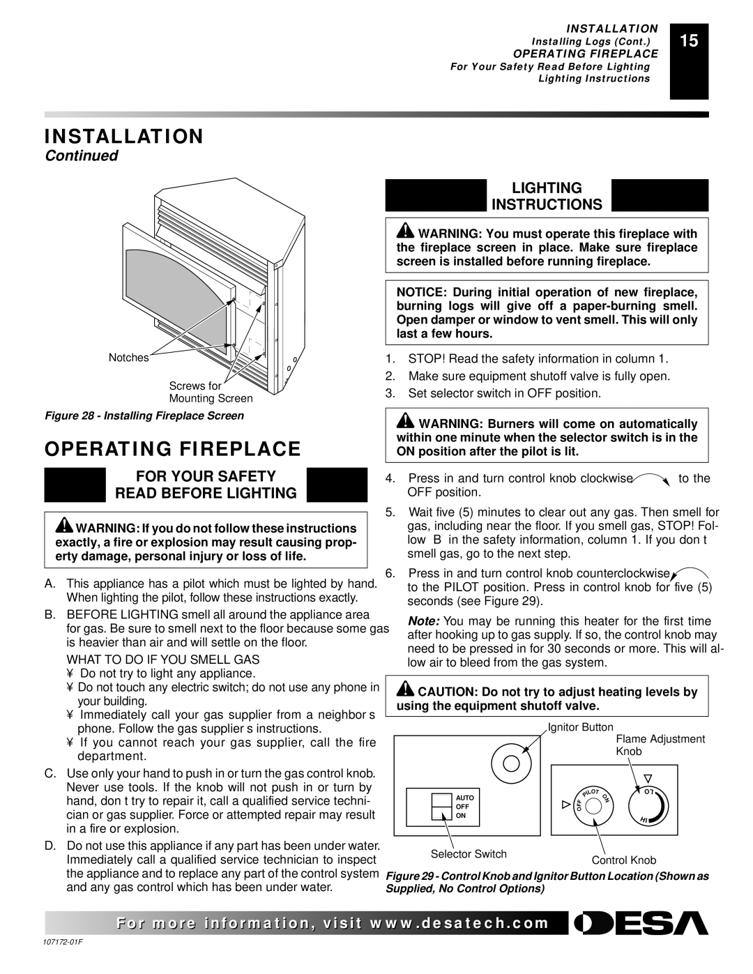 Desa EFS33PR installation manual Operating Fireplace, For Your Safety Read Before Lighting, Lighting Instructions 