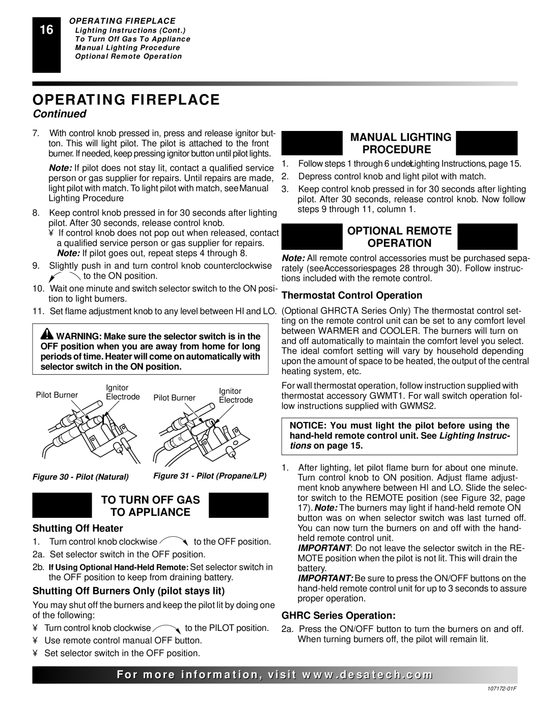 Desa EFS33PR installation manual To Turn OFF GAS To Appliance, Manual Lighting Procedure, Optional Remote Operation 