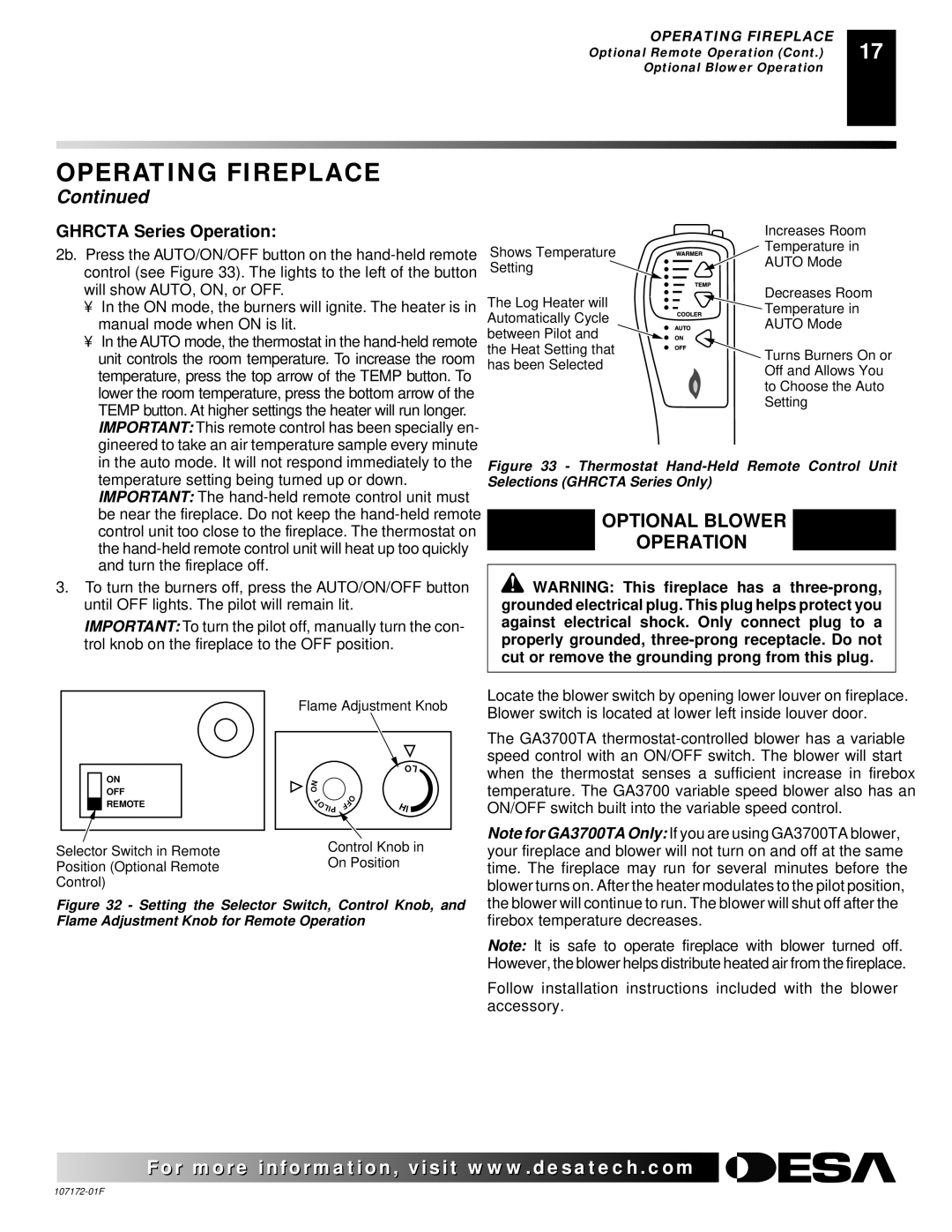 Desa EFS33PR installation manual Optional Blower Operation, Ghrcta Series Operation 