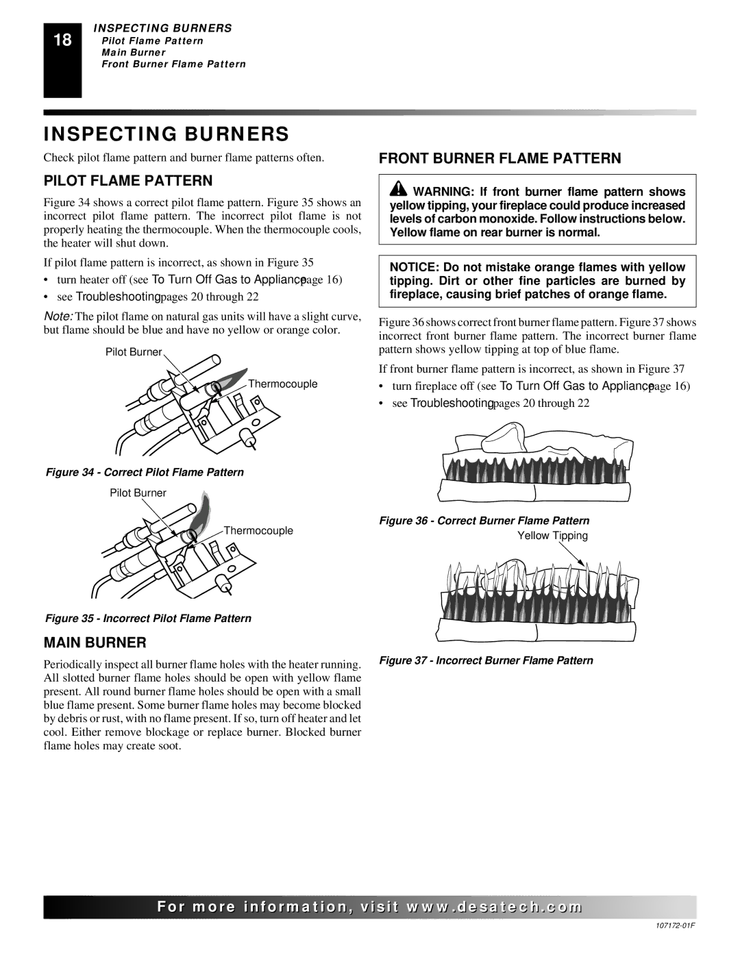 Desa EFS33PR installation manual Inspecting Burners, Pilot Flame Pattern, Front Burner Flame Pattern, Main Burner 