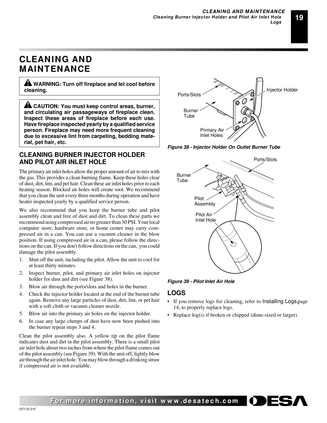 Desa EFS33PR installation manual Cleaning Maintenance, Cleaning Burner Injector Holder and Pilot AIR Inlet Hole, Logs 