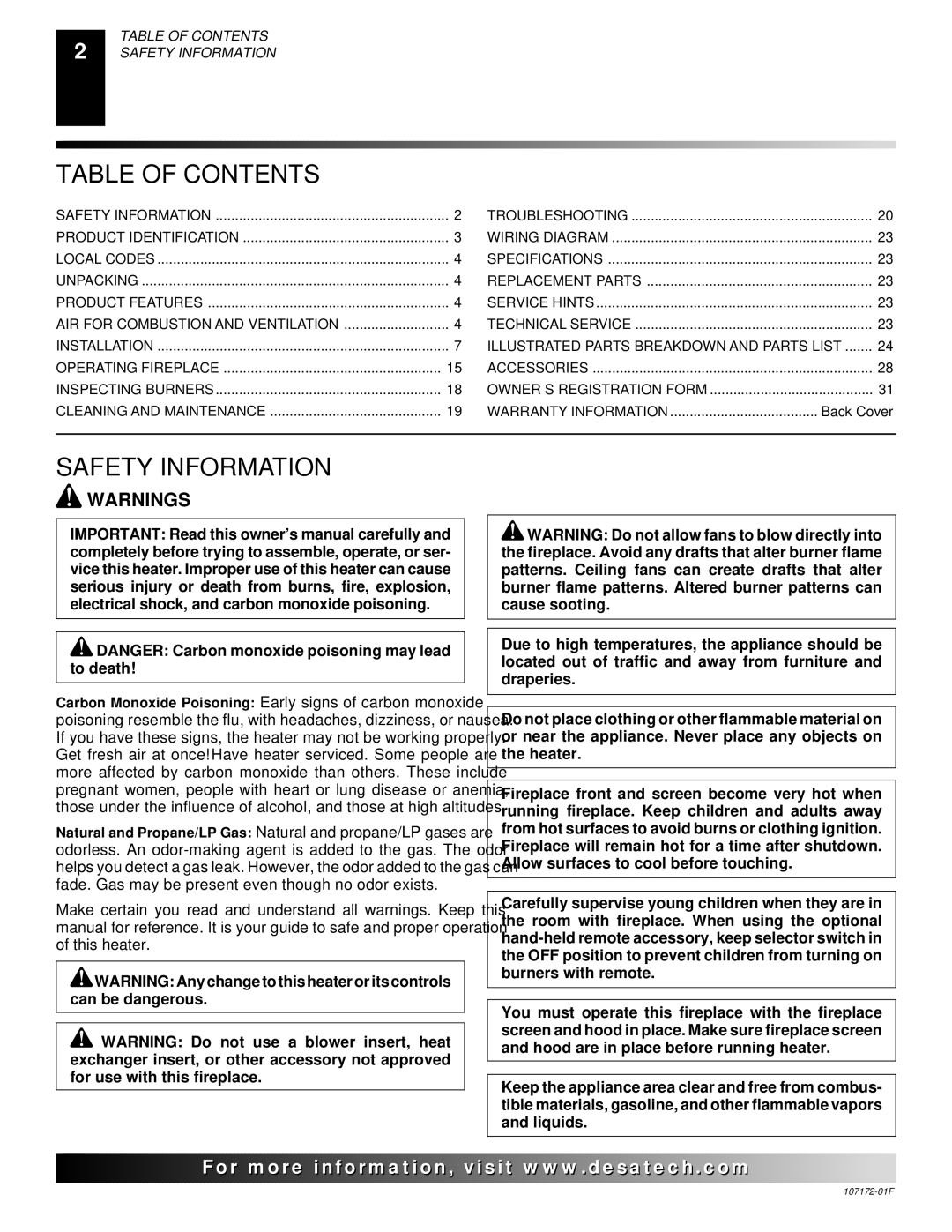 Desa EFS33PR installation manual Table of Contents, Safety Information 