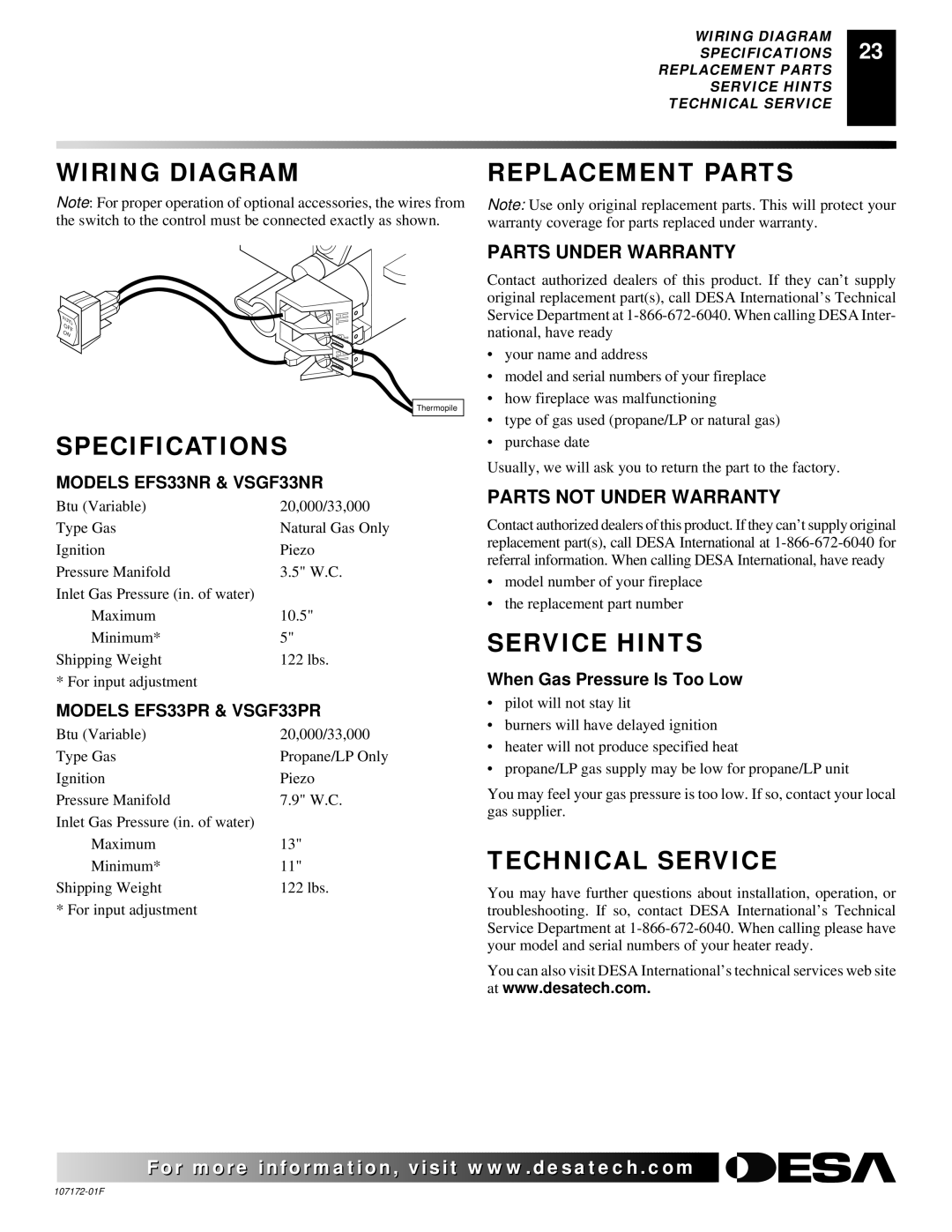 Desa EFS33PR installation manual Wiring Diagram, Specifications, Replacement Parts, Service Hints, Technical Service 