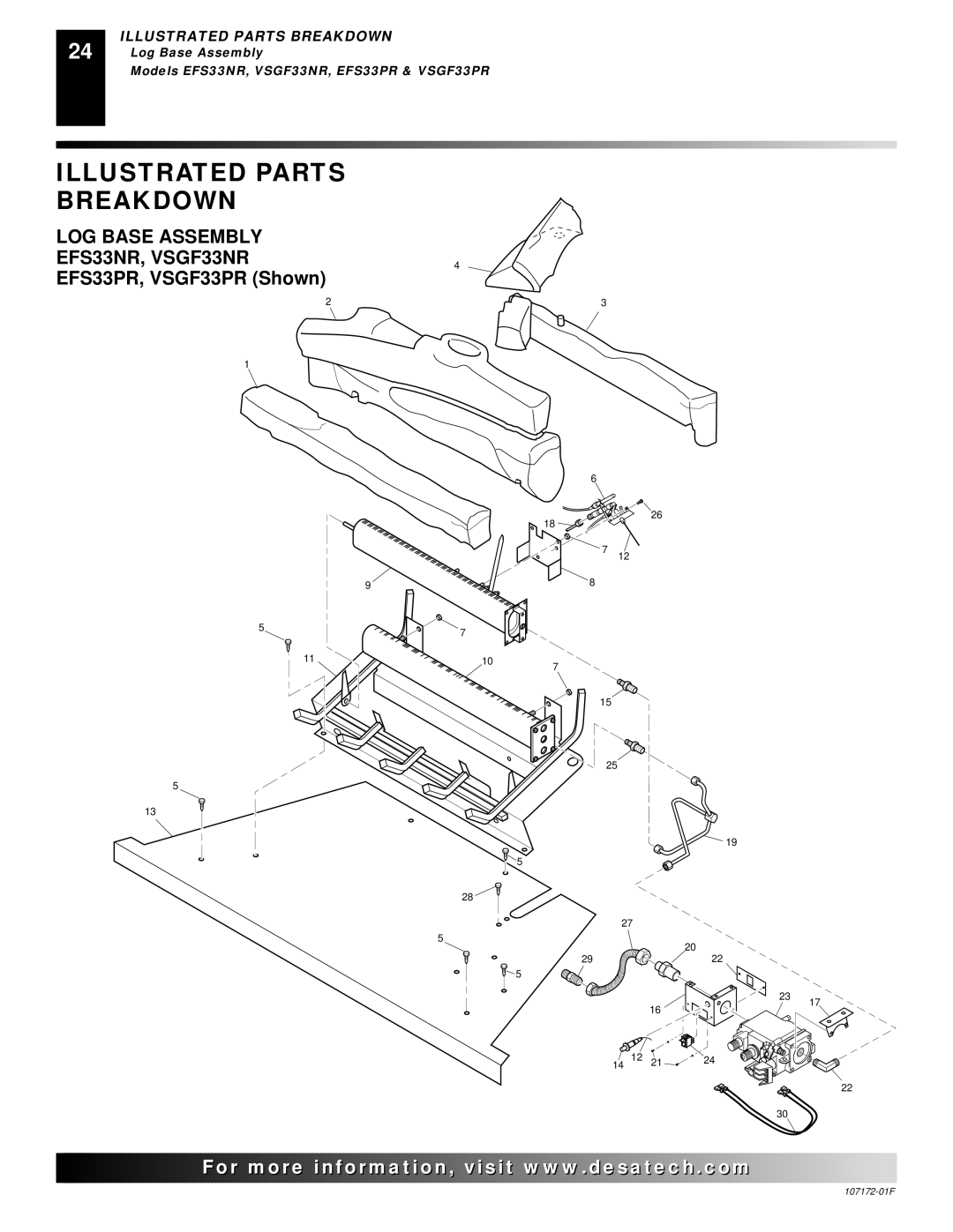 Desa EFS33PR installation manual Illustrated Parts Breakdown, LOG Base Assembly EFS33NR, VSGF33NR4 