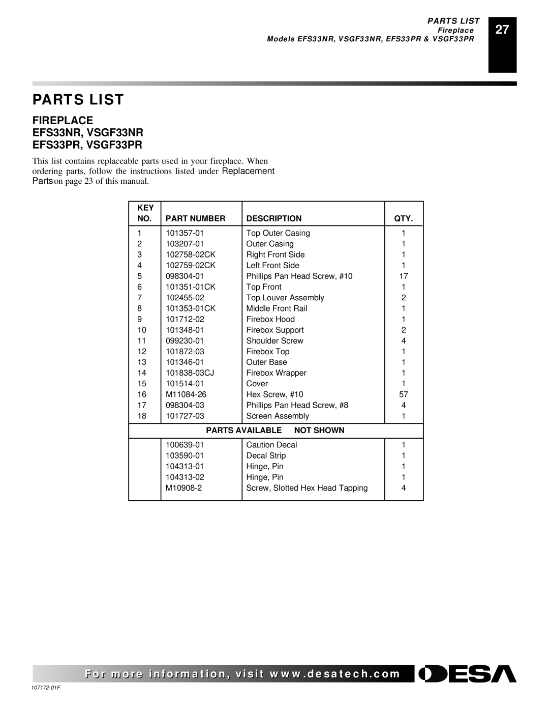 Desa installation manual Fireplace EFS33NR, VSGF33NR EFS33PR, VSGF33PR, KEY Part Number Description QTY 