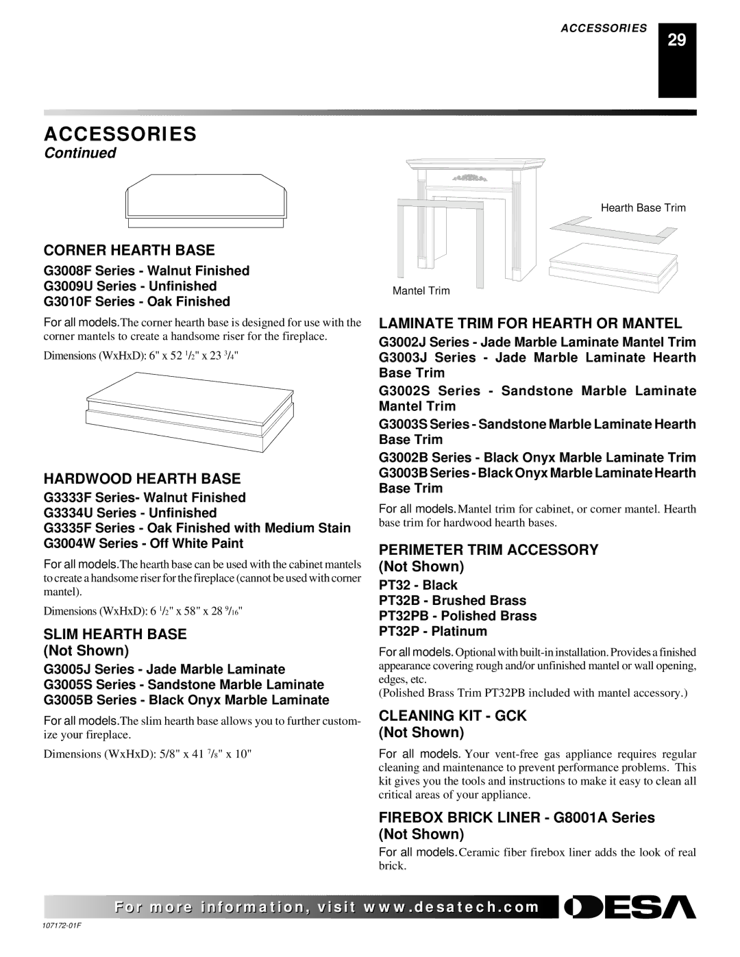 Desa EFS33PR installation manual Corner Hearth Base, Hardwood Hearth Base, Laminate Trim for Hearth or Mantel 