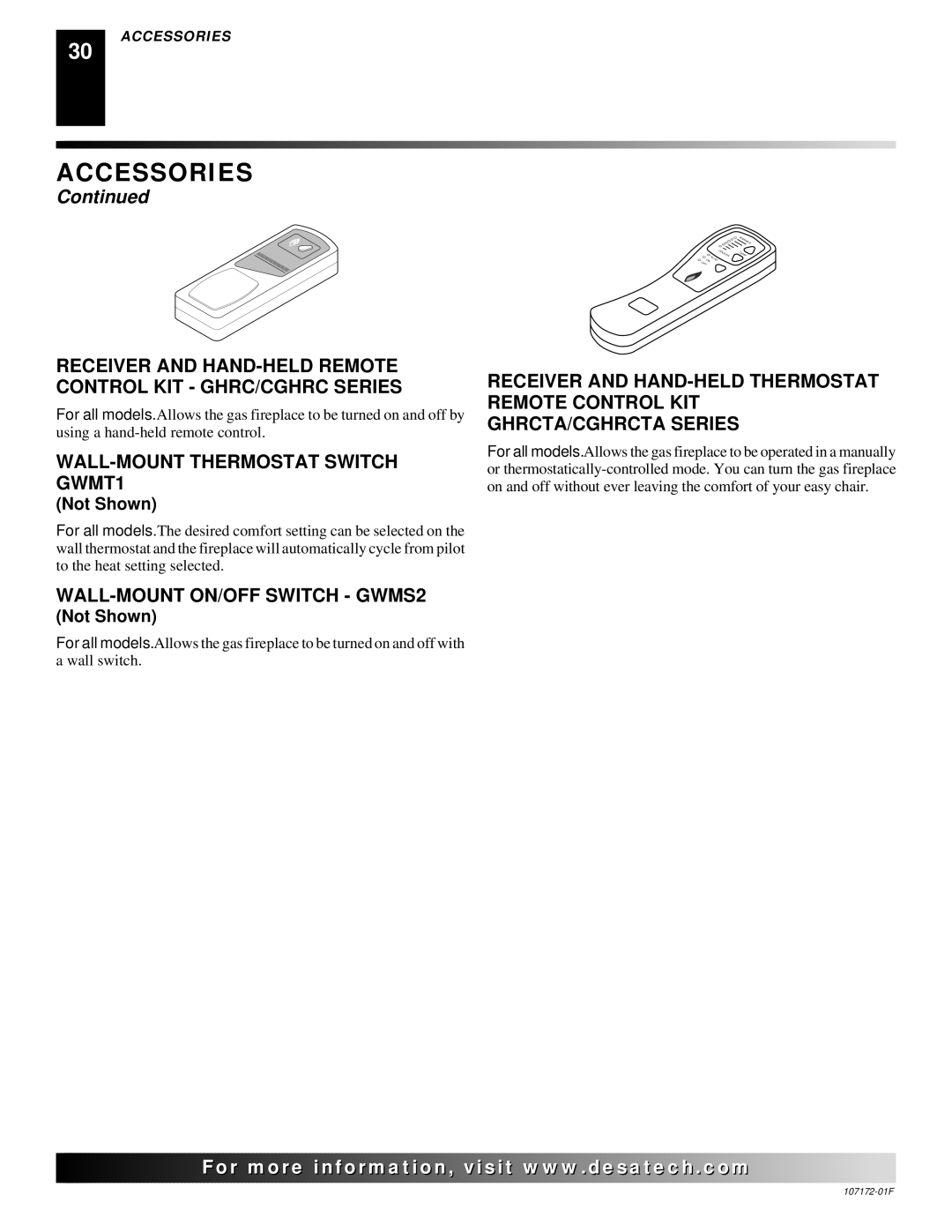 Desa EFS33PR Receiver and HAND-HELD Remote Control KIT GHRC/CGHRC Series, WALL-MOUNT Thermostat Switch GWMT1, Not Shown 