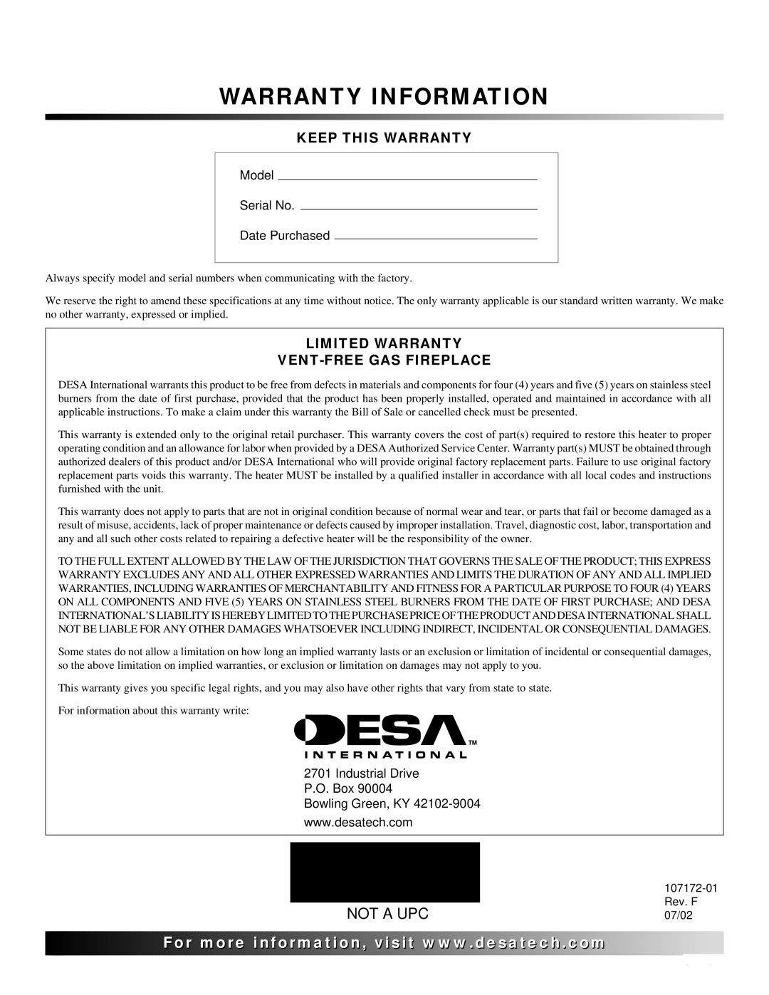 Desa EFS33PR installation manual Warranty Information 