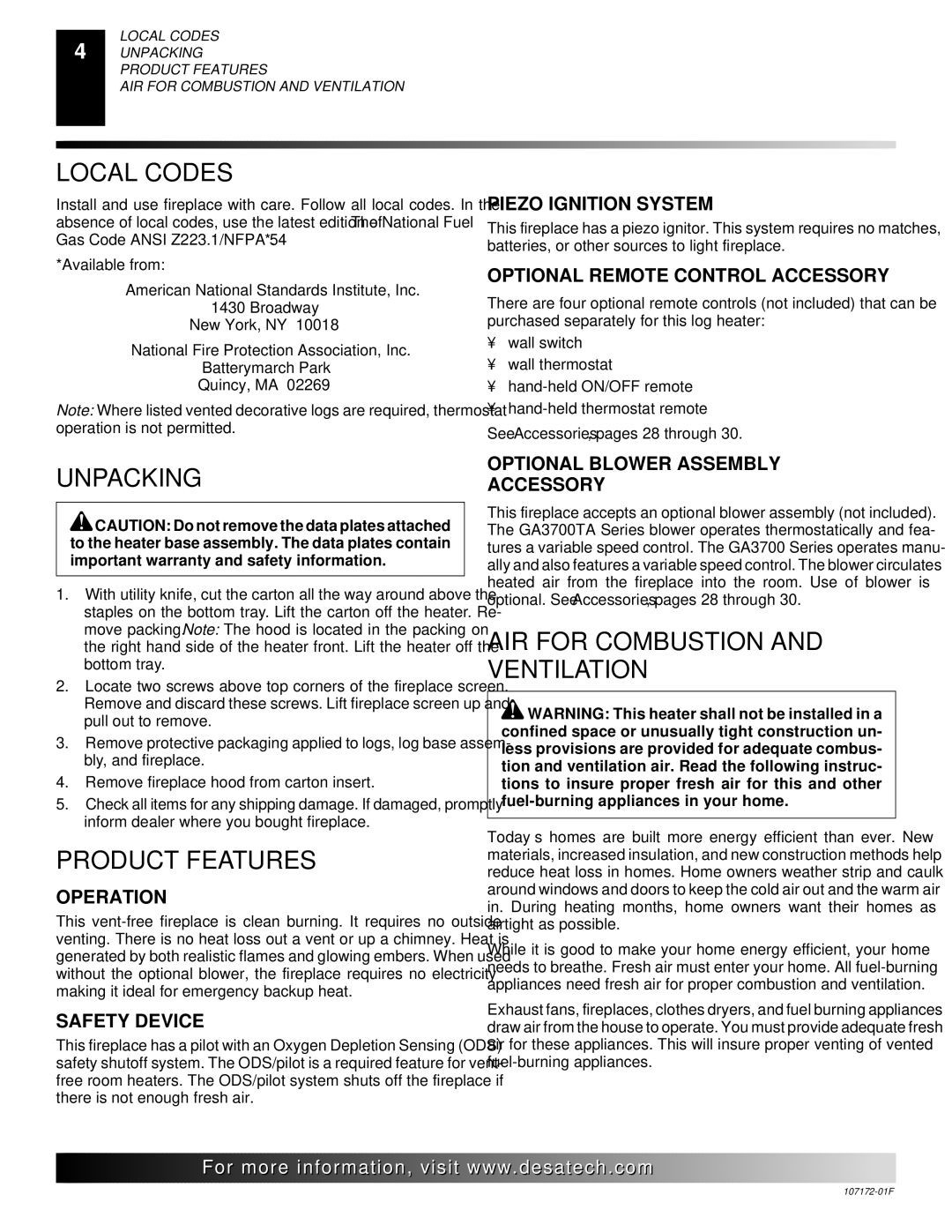 Desa EFS33PR installation manual Local Codes, Unpacking, Product Features, AIR for Combustion and Ventilation 