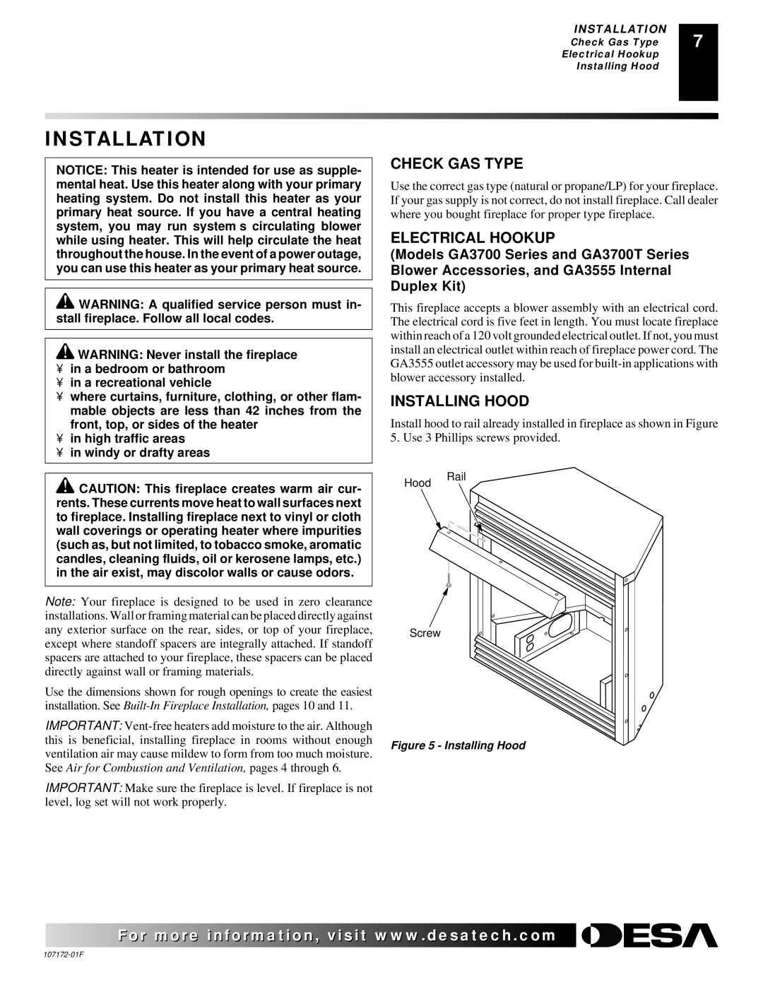 Desa EFS33PR installation manual Installation, Check GAS Type, Electrical Hookup, Installing Hood 