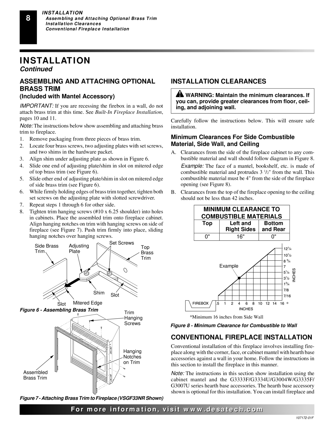 Desa EFS33PR Assembling and Attaching Optional Brass Trim, Installation Clearances, Conventional Fireplace Installation 