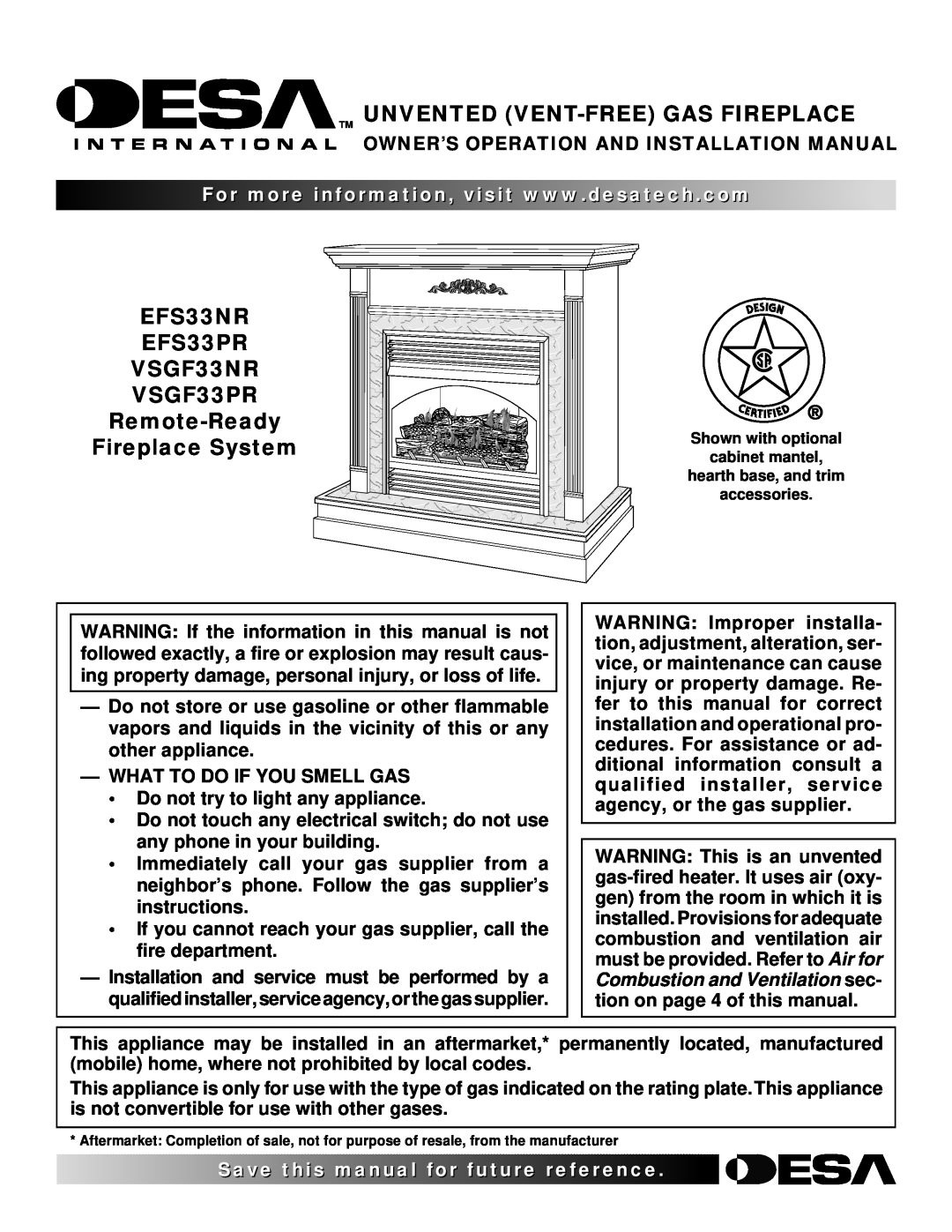 Desa EFS33PR installation manual Owner’S Operation And Installation Manual, What To Do If You Smell Gas, Fireplace System 