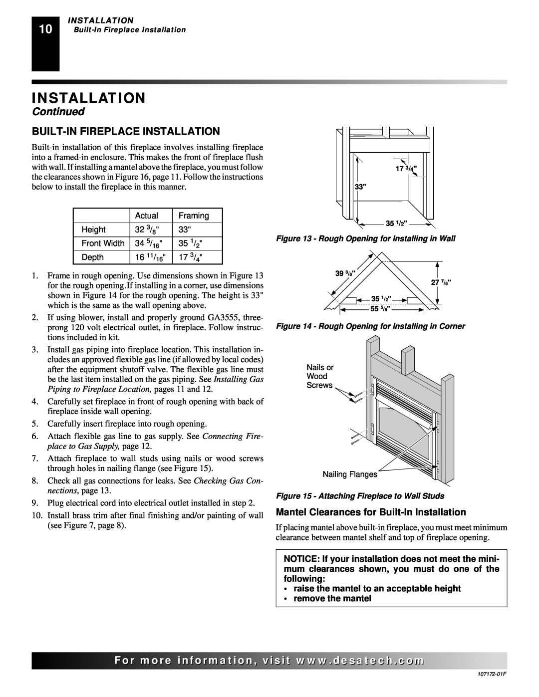 Desa EFS33PR installation manual Built-Infireplace Installation, Mantel Clearances for Built-InInstallation, Continued 
