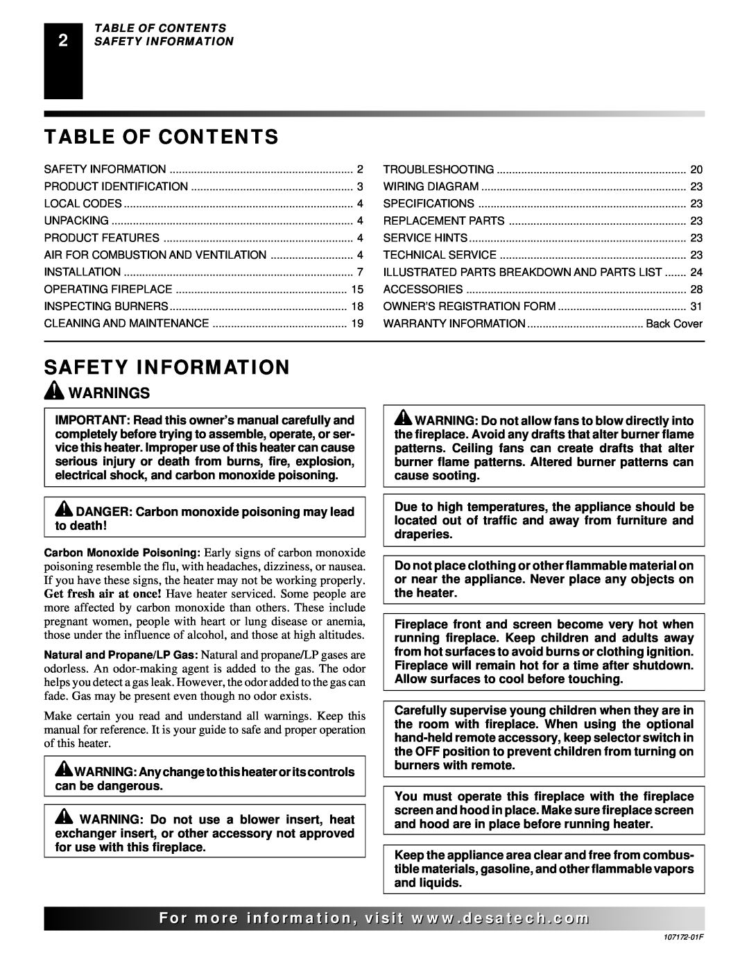 Desa EFS33PR installation manual Table Of Contents, Safety Information, Warnings 